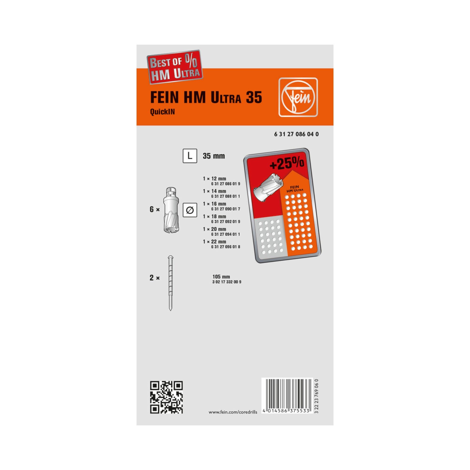 Fein Metallbohrer Fein Zubehörset Best of Kernbohrer HM-Ultra 35 QI Ø 12,14,16,18,20,22