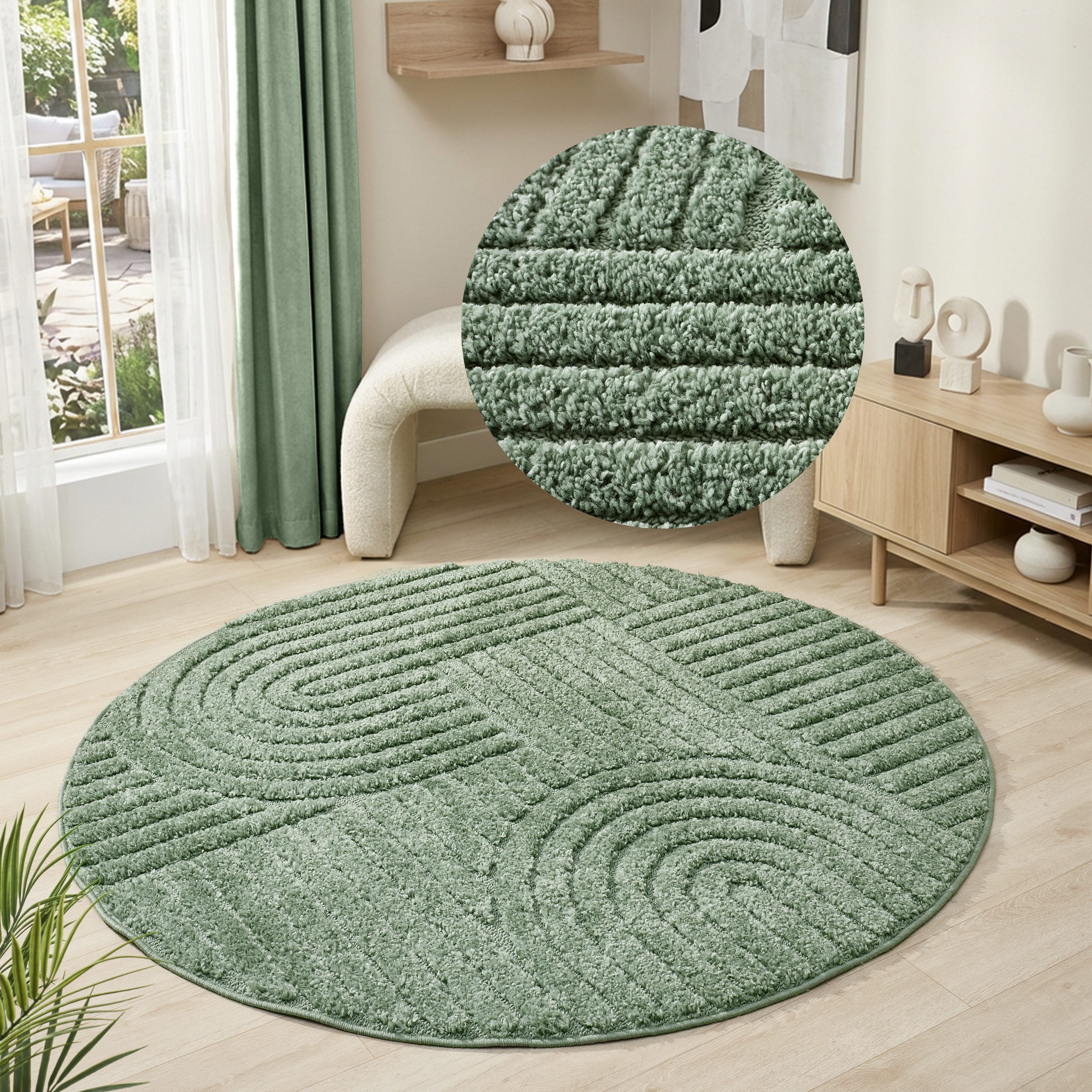 OTTO home Teppich Jonne, Boho-Design, Scandi, Designteppich, rund, Höhe: 20 mm, Hoch-Tief, 3D Optik, skandinavischer Stil, Wohnzimmer, Schlafzimmer