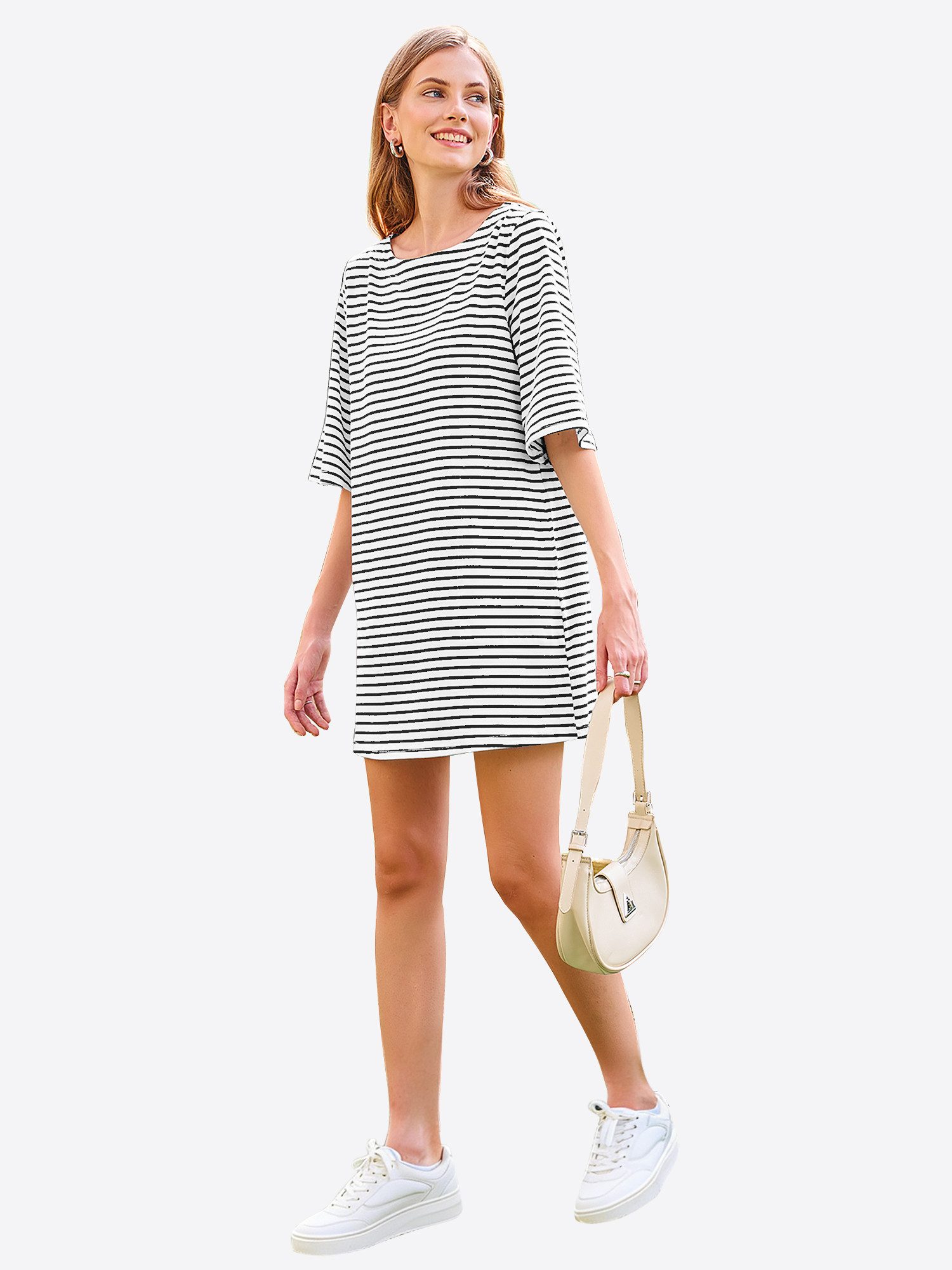 Imily Bela Shirtkleid Damen Mini lässig locker Halbarm Rundhals (Packung, 1-tlg., 1per-Pack) gestreift mit Eingrifftaschen