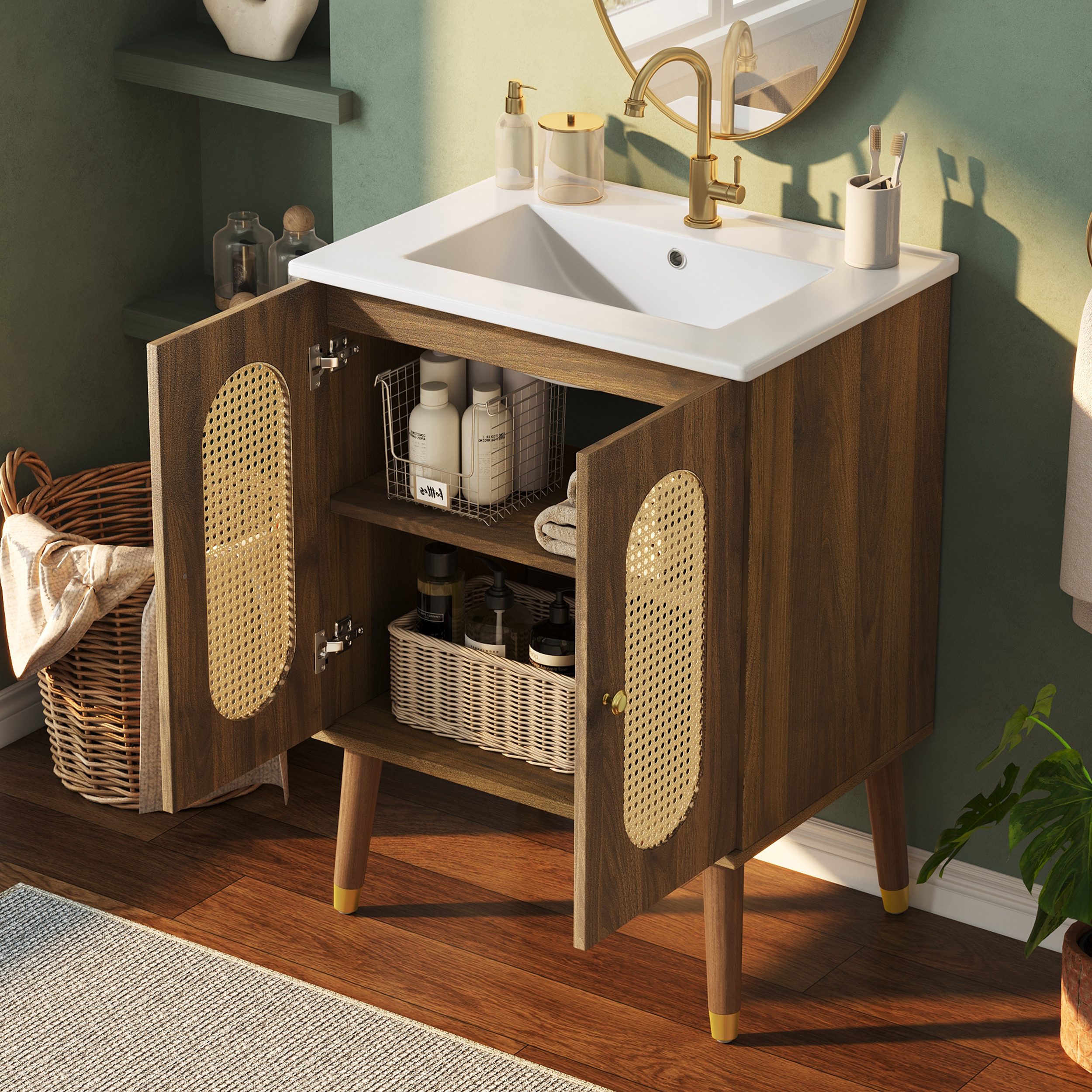Merax Waschtisch mit Waschbecken, Holzoptik Unterschrank freistehend (ohne Wasserhahn, 1-St), Badmöbel Badschrank mit 2 Rattantüren, Ablagen & Stauraum, 61×47×89cm