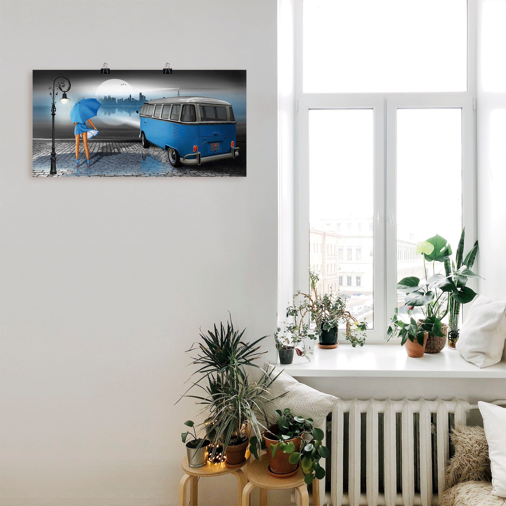 Artland Wandbild Regennacht in Blau mit Bulli T1, Auto (1 St), als Leinwandbild, Poster in verschied. Größen