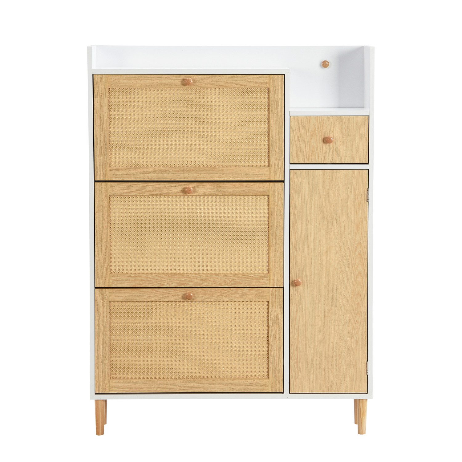 Flieks Schuhschrank (1-St., 90cm breit) Schuhregal mit 3 Klappen Schuhkommode Rattan Massivholzbeine