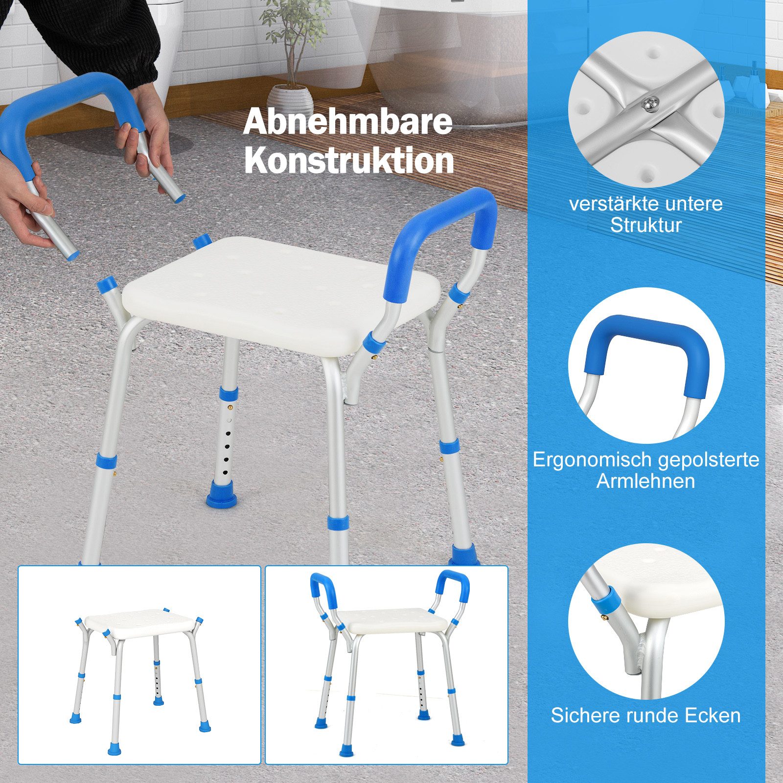 COSTWAY Duschhocker Badhocker, belastbar bis 100,00 kg, höhenverstellbar, mit Armlehnen