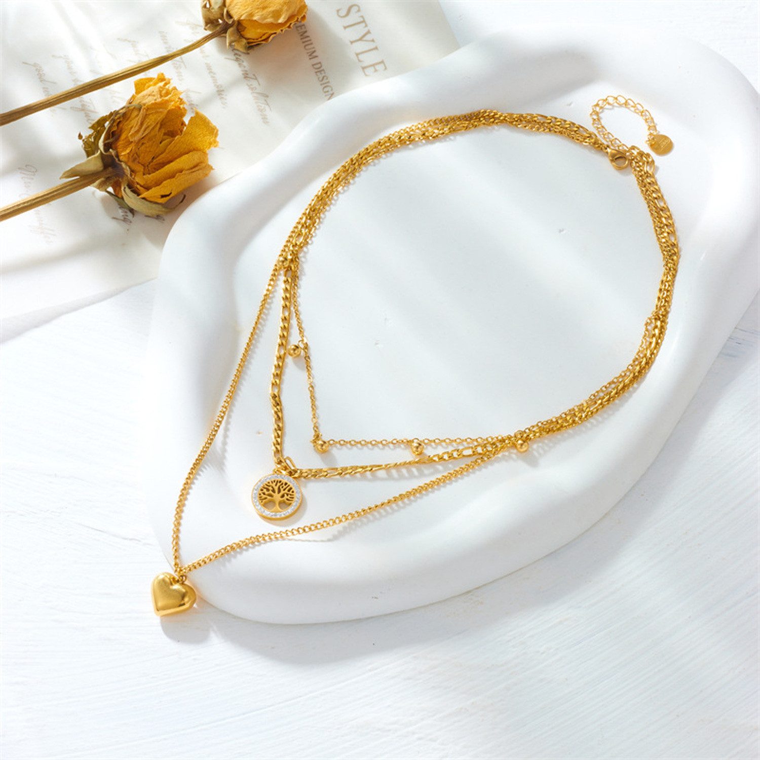 KARMA Kette mit Anhänger Layering Halskette Damen Gold Herz Lebensbaum (Statementkette, 1-tlg., Layering-Kette Geschenk für Sie), Titanstahl Damenkette Damenschmuck