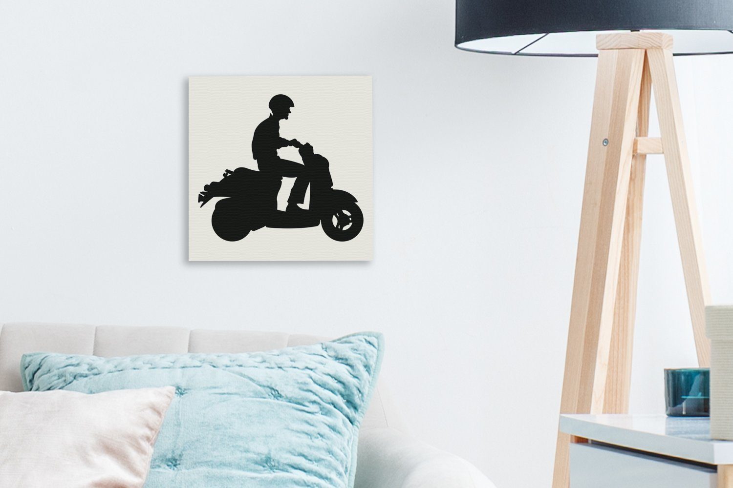 Bilder schwarz-weiß, Motorroller Leinwandbild für St), OneMillionCanvasses® einer einem Illustration Leinwand Wohnzimmer Schlafzimmer auf Person (1 in