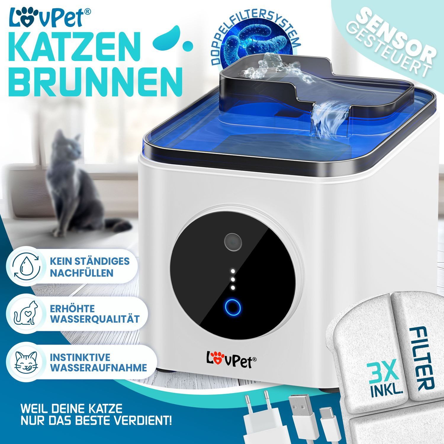 Lovpet Trinkbrunnen für Katzen & Haustiere Wasserspender mit Bewegungssenso günstig online kaufen