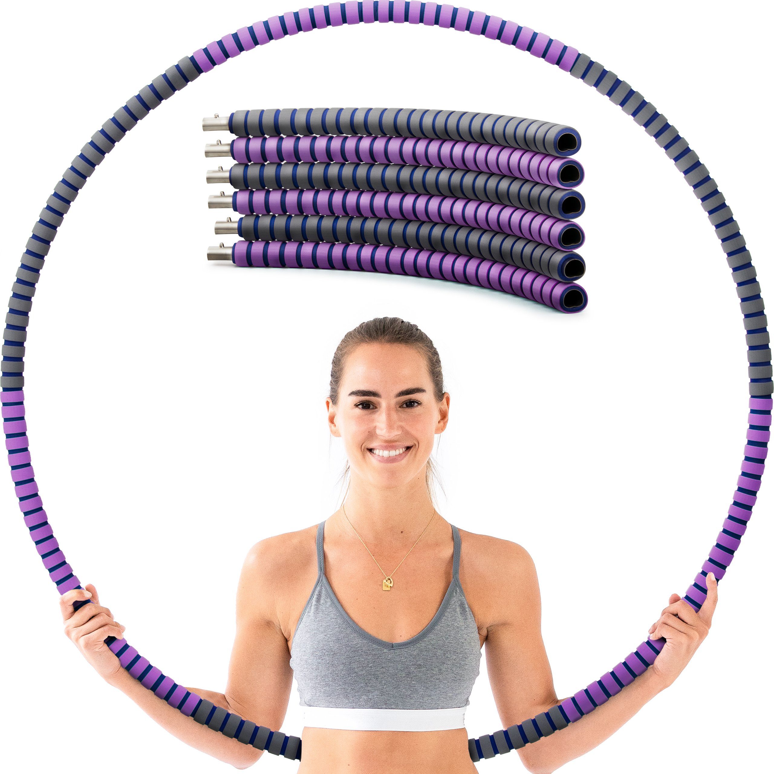 NEOLYMP Hula-Hoop-Reifen Hula Hoop für jeden Anspruch, Fitnessreifen, HH210 (Set, mit Tragetasche), zusammensteckbare Segmente, Metallring mit Metallknöpfen, komfortabel Violett