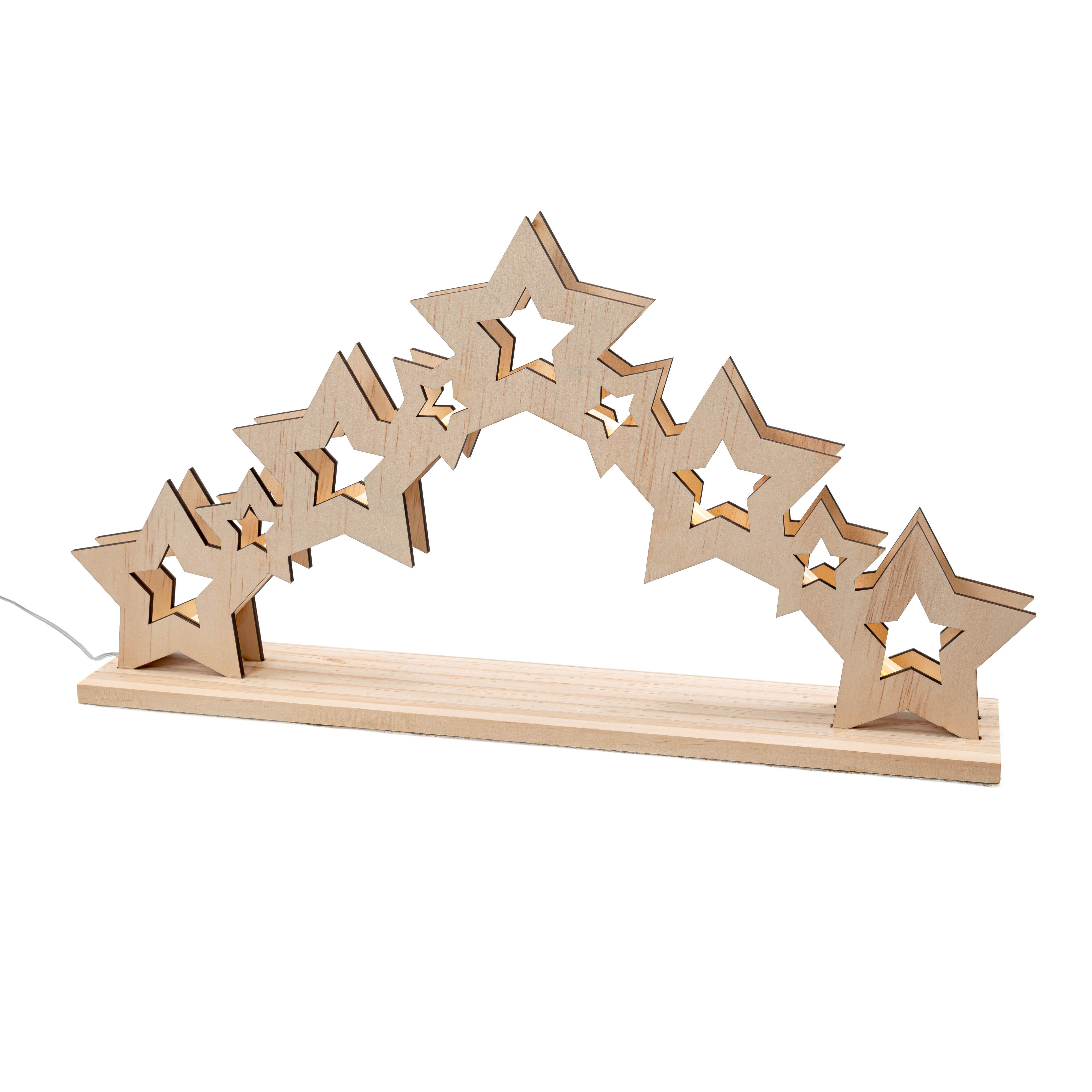 IC Winterworld LED Lichterbogen LED Lichterbogen aus FSC Holz mit 30 Lichtern beleuchtet, Schwibbogen mit Sternen, ca. 47 cm breit