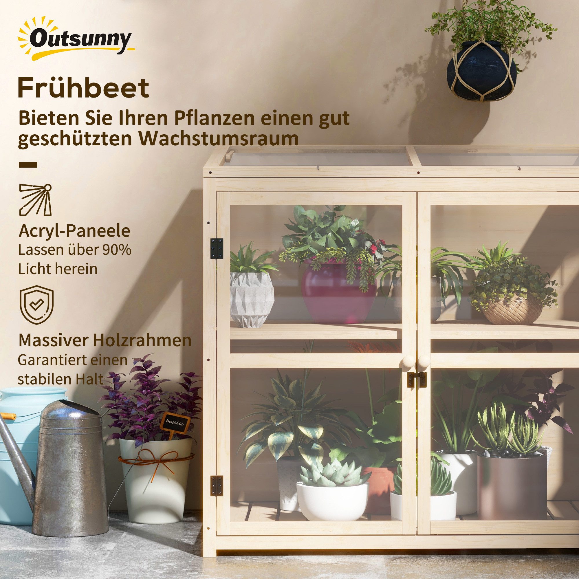Outsunny Hochbeet Frühbeet aus Holz Gewächshaus mit Doppeltür, Dachfenster (Treibhaus, 1 St., Anzuchtbeet), für Garten, Balkon, Natur, 103 x 61 x 103 cm