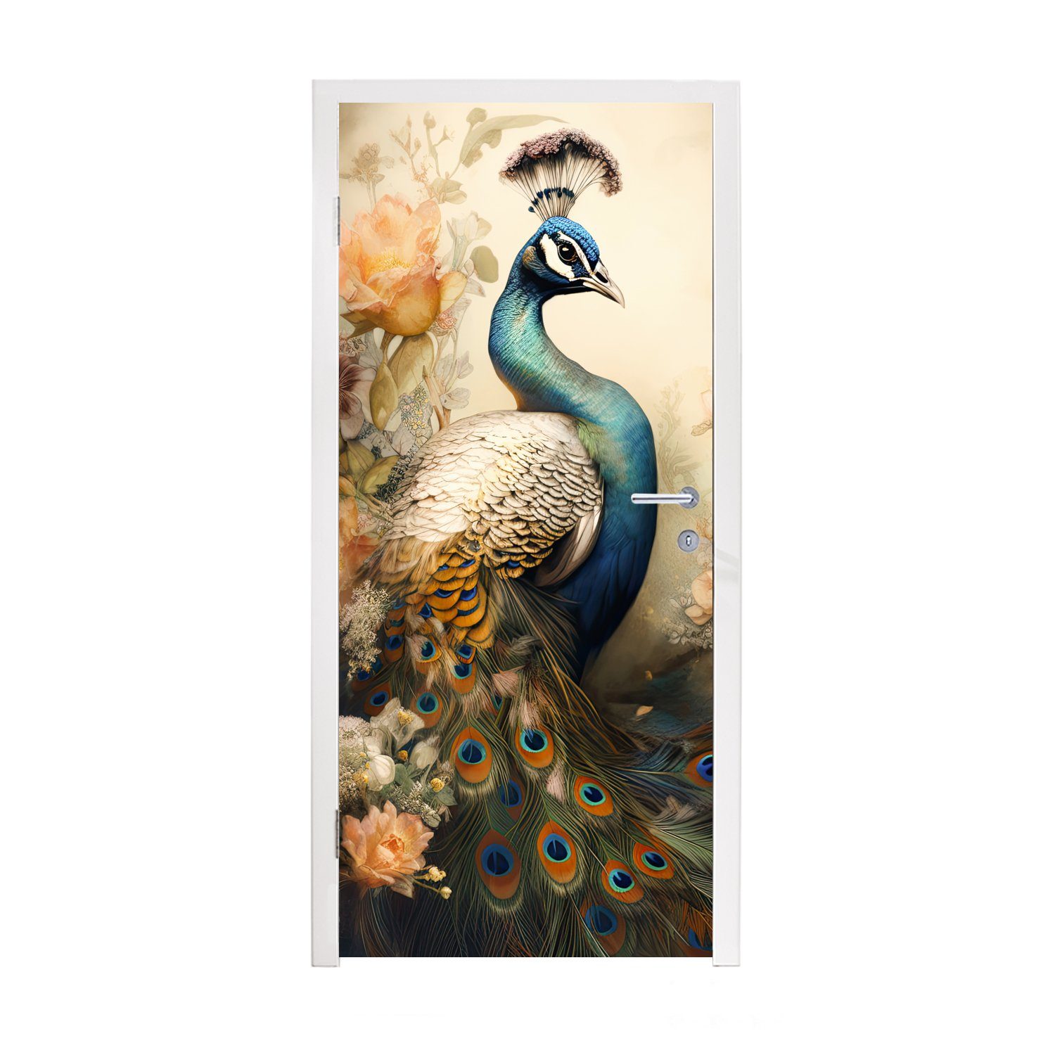 MuchoWow Türtapete Pfau - Pfauenfedern - Blumen - Botanisch, Matt, bedruckt, (1 St), Fototapete für Tür, Türaufkleber, 75x205 cm