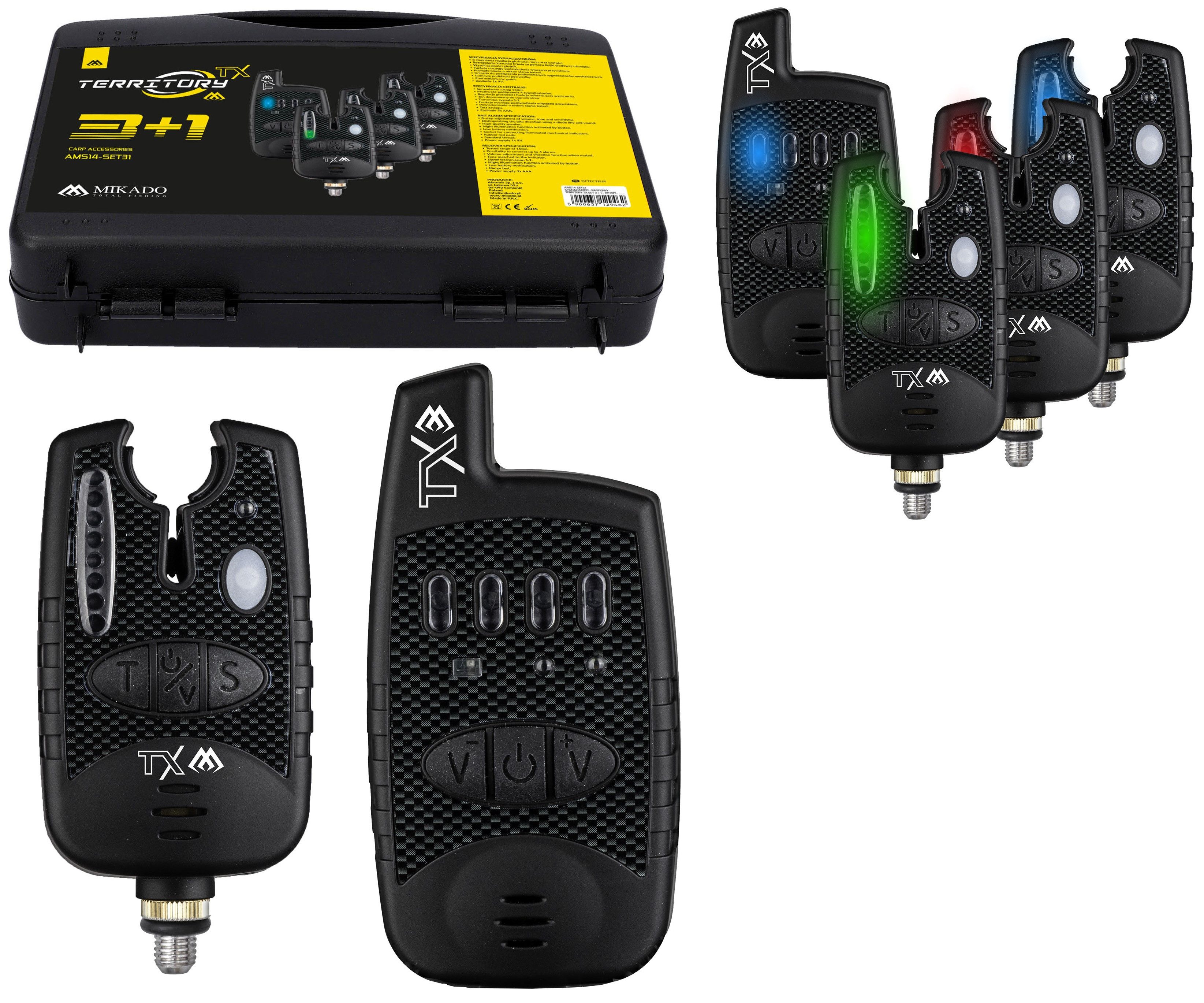 MIKADO Total Fishing Bissanzeiger SET TERRITORY TX 3+1 Bissanzeiger mit Funkbox und Koffer - Karpfen, (5-St), 3 verschieden leuchtende Farben