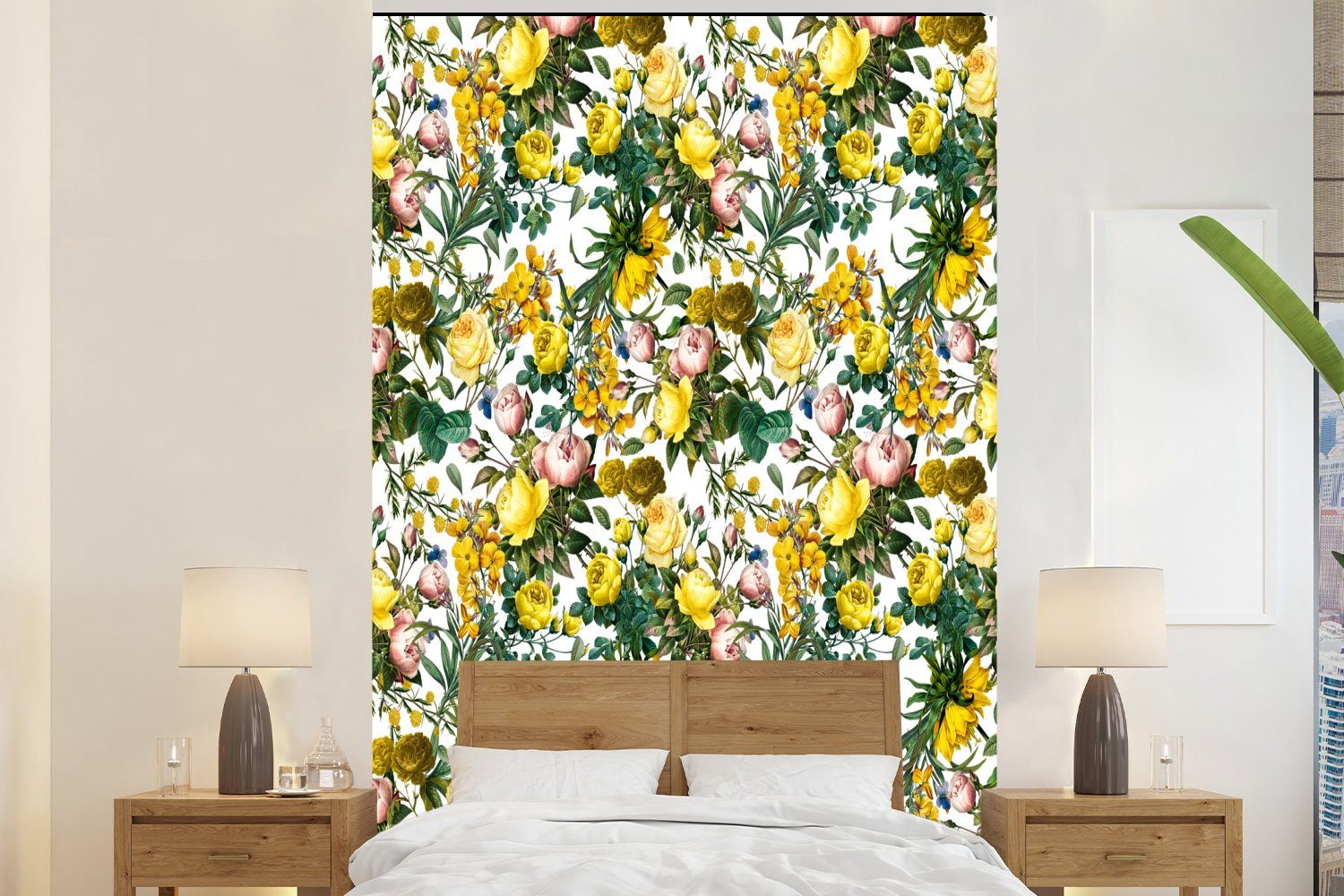 Gelb, MuchoWow - Wohnzimmer, Tapete Rosen Montagefertig (3 Matt, - St), für Blumen bedruckt, Vinyl Wandtapete Fototapete