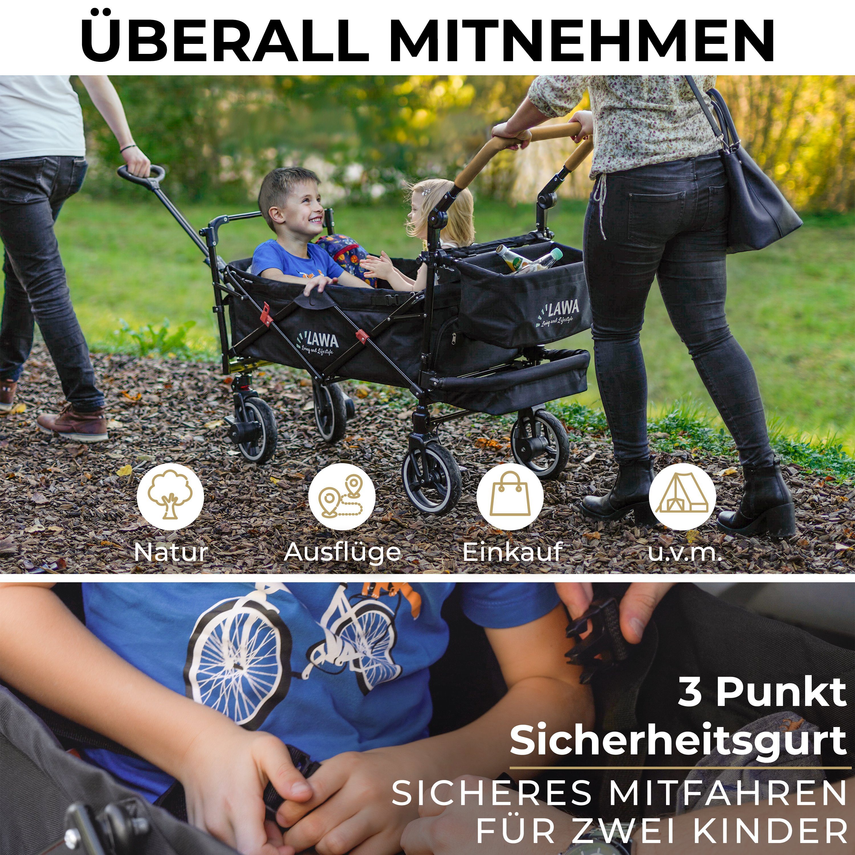 LAWA Living and Lifestyle Bollerwagen mit Dach für Kinder zum sitzen Handwagen faltbar zum schieben (Komplettset mit Regenhaube, Insektenschutz und Becherhalter), 80kg Tragkraft, schwarz