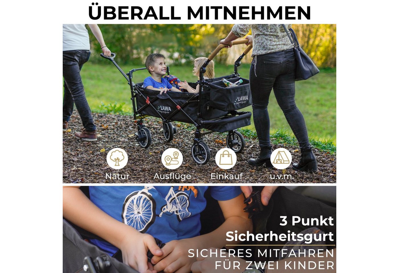 Thumbnail - LAWA Living and Lifestyle Bollerwagen mit Dach für Kinder zum sitzen Handwagen faltbar zum schieben (Komplettset mit Reg...