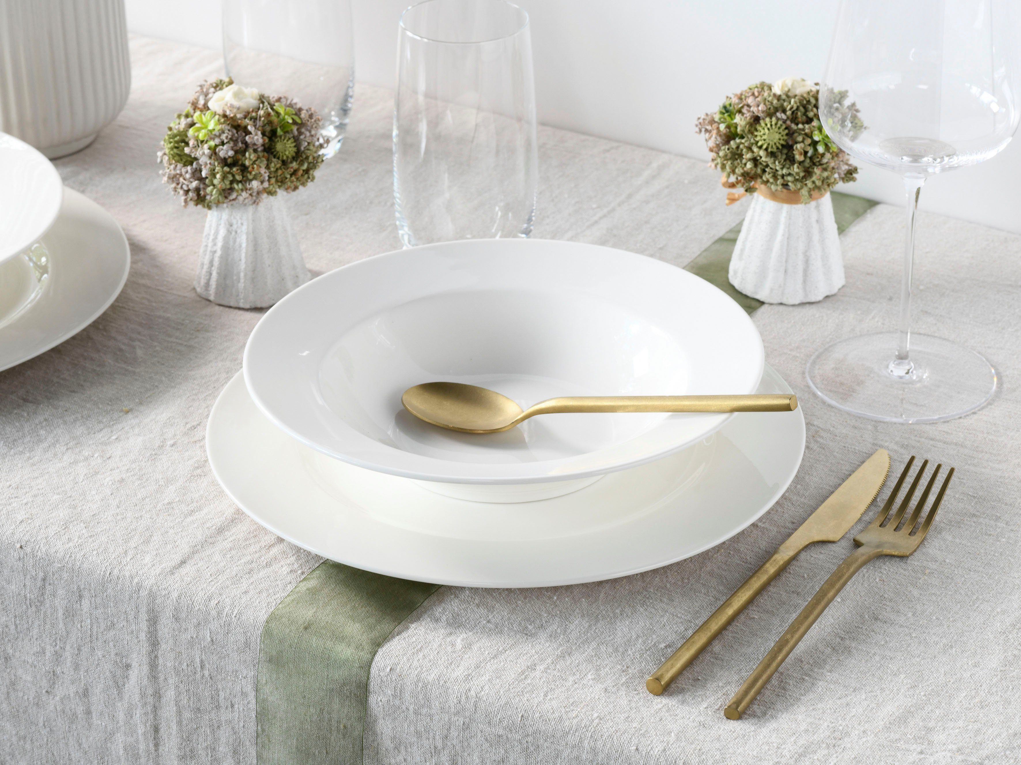 CreaTable Tafelservice Fleur Roya (12-tlg), 6 Personen, Porzellan, Teller Set, extrem dünn, leicht, lichtdurchlässig