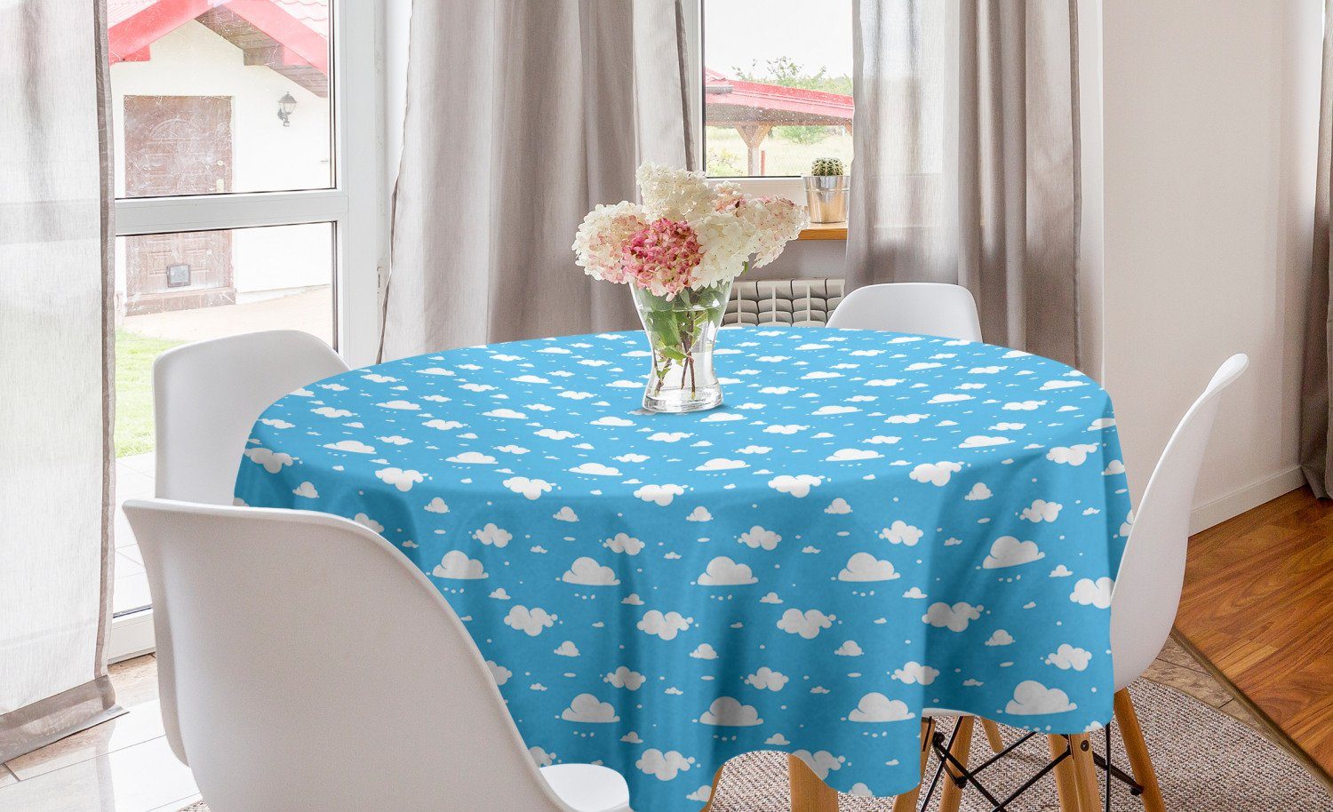 Abakuhaus Tischdecke Kreis Tischdecke Abdeckung für Esszimmer Küche Dekoration, Himmelblau Fluffy Clouds Tag Zeit