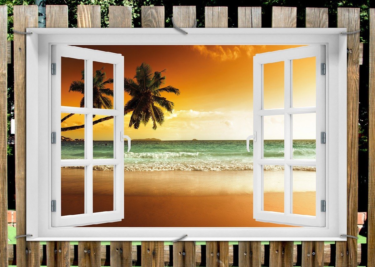 Thumbnail - Wallario Sichtschutzzaunmatten Palmen am Sandstrand bei untergehender Sonne, mit Fenster-Illusion