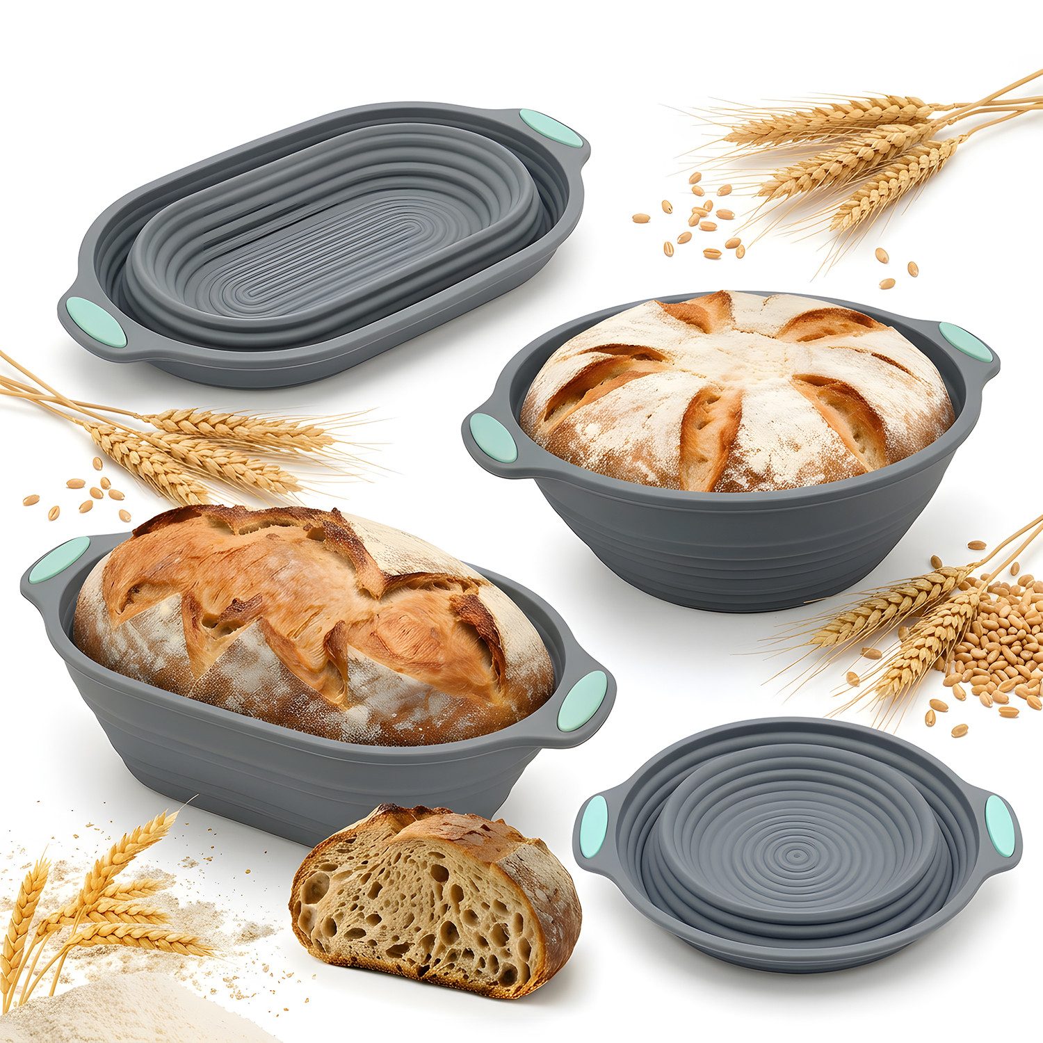 HEYHIPPO Brotbackform 2er Set Silikon Gärkorb – rund & oval, faltbar, hitzebeständig 230°C, (Set), Professionelles Brotbackset – spülmaschinenfest, für Brot & Pizza