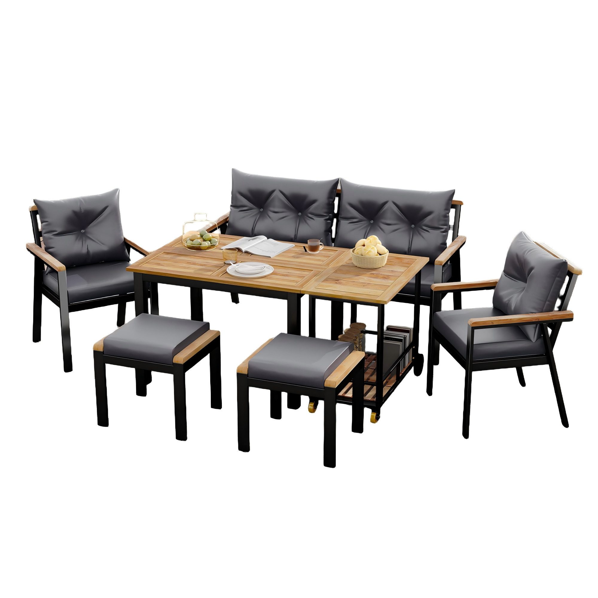 Refined Living Gartenlounge-Set Garten-Esstisch-Set aus Akazienholz, 6-7 Personen, mit Servierwagen, (Esstisch Set, Outdoor Essgruppe, wetterfest, mit Servierwagen, Stuhlset mit Sesseln und abnehmbarem Esswagen, abnehmbarer und waschbarer Stoffbezug,Essgruppe Holz, Terrassenmöbel, Balkonmöbel, Gartenlounge Set, Esstisch mit Stühlen, Balkonmöbel Set, wetterfest, 7-tlg., Geräumiges Design, Stabile verzinkte Eisenkonstruktion, UV-beständig), mit 2 Stühle, 2 Hocker, 1 2-Sitzer-Sofa, 1 Tisch,1 Servierwagen