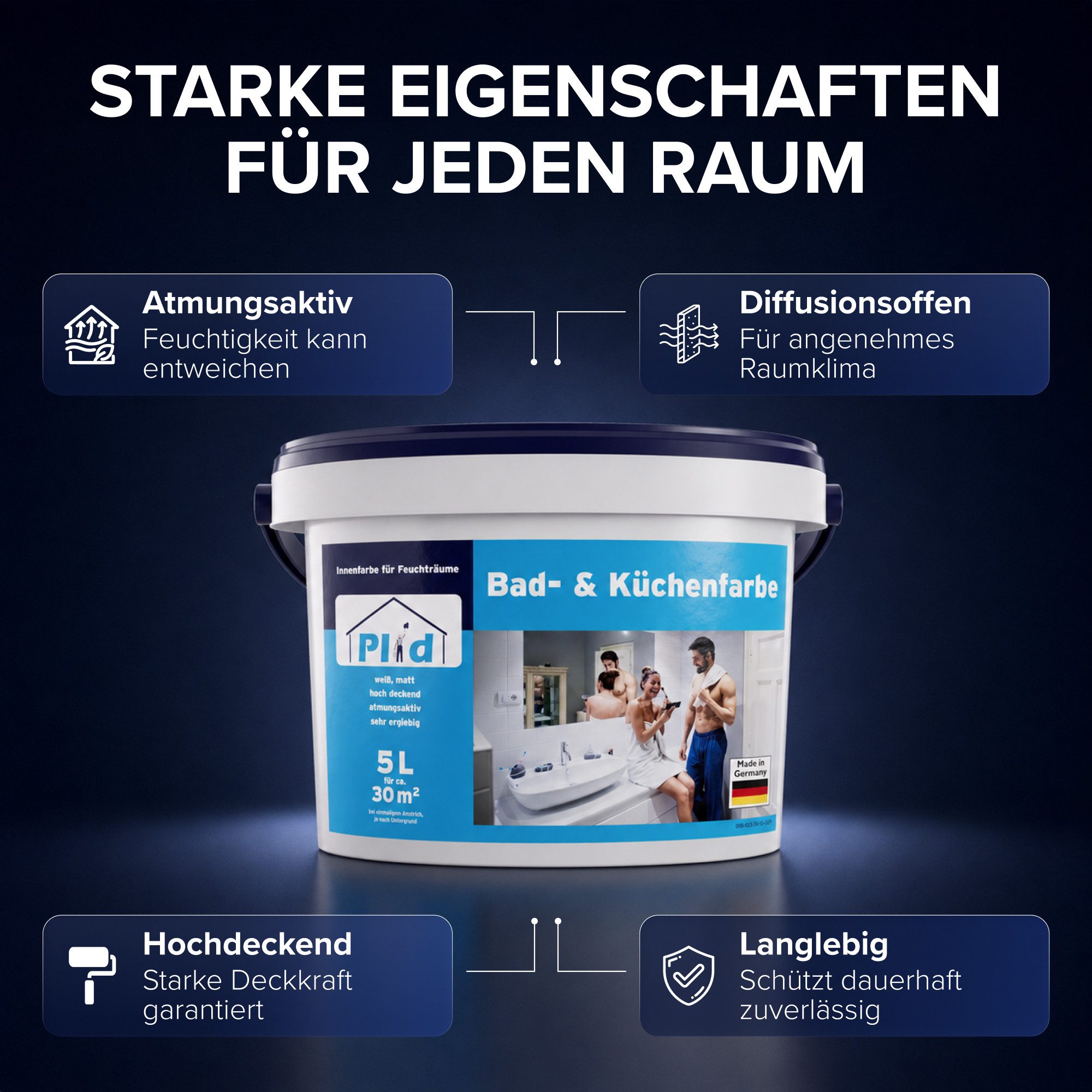 plid Feuchtraumfarbe Bad & Küchenfarbe Badfarbe Küchenfarbe Feuchtraumfarbe Wandfarbe, Schnelltrocknend, Spritzarm, Verarbeitungsfertig