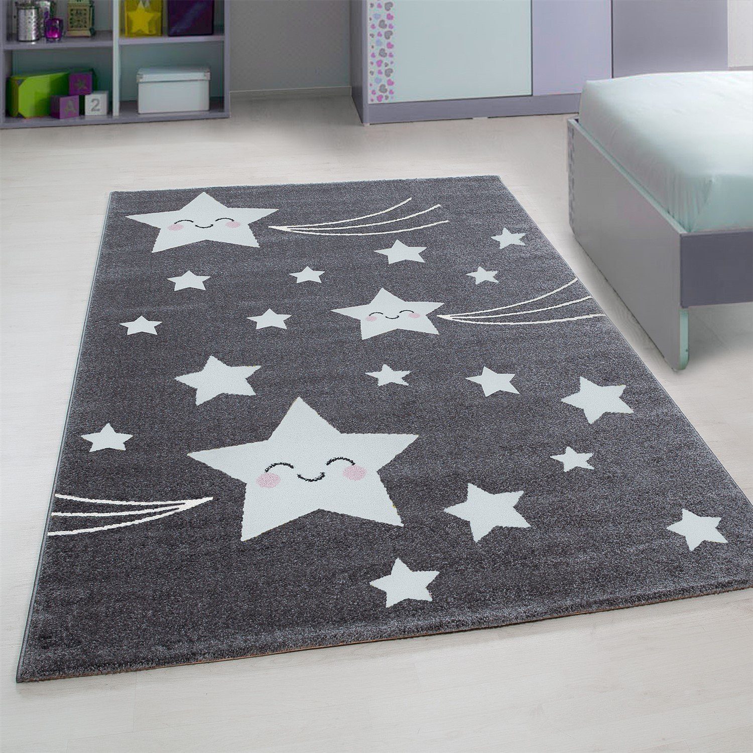 Kinderteppich Sternenmotiv Kinderteppich Kinderzimmer Miovani Babyzimmer Flachflorteppich, Grau