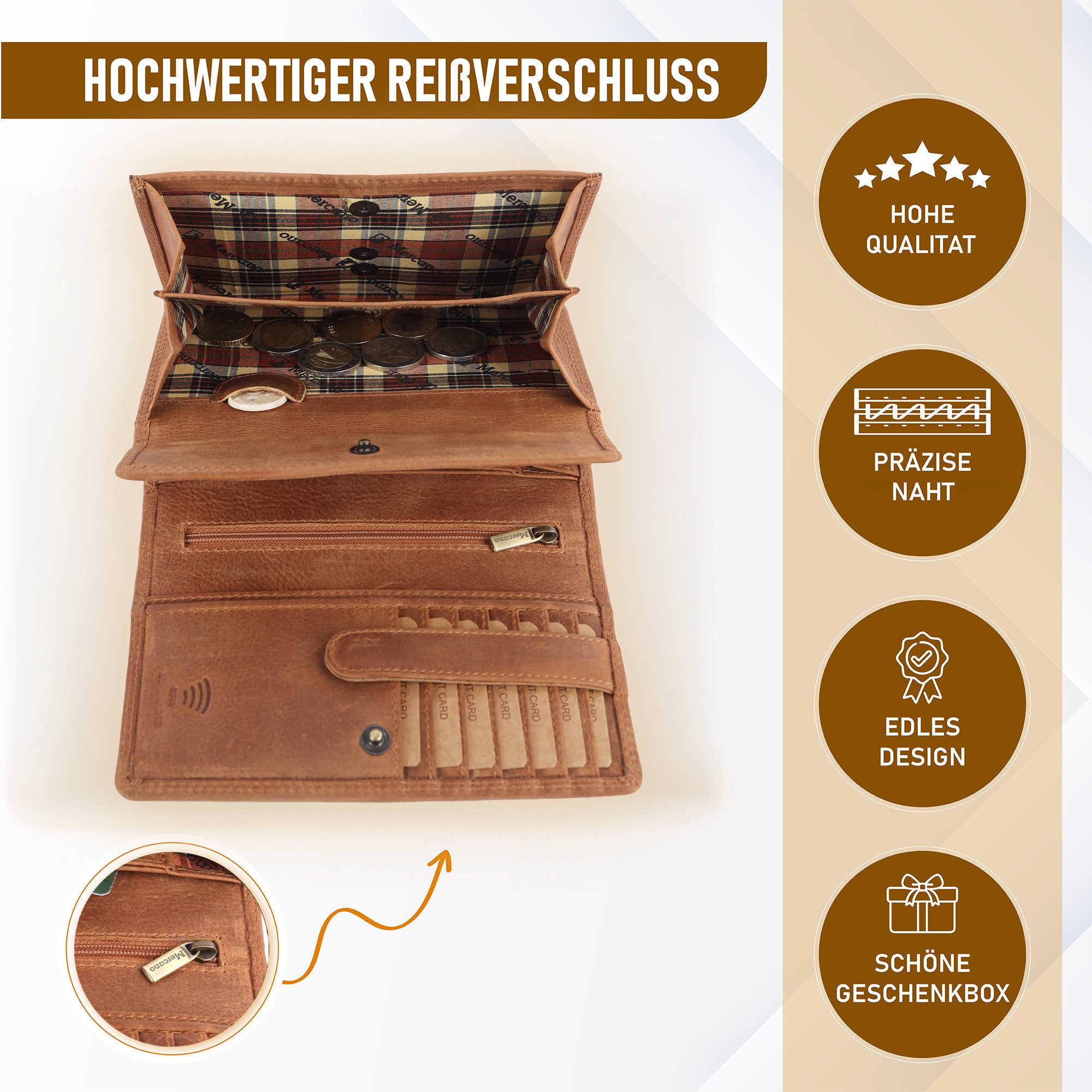Mercano Geldbörse Damen Groß Echtleder (mit Geschenkbox), 11 Kartenfächer, RFID, Druckknopf & Sicherheitsbügel, Vintage-Leder