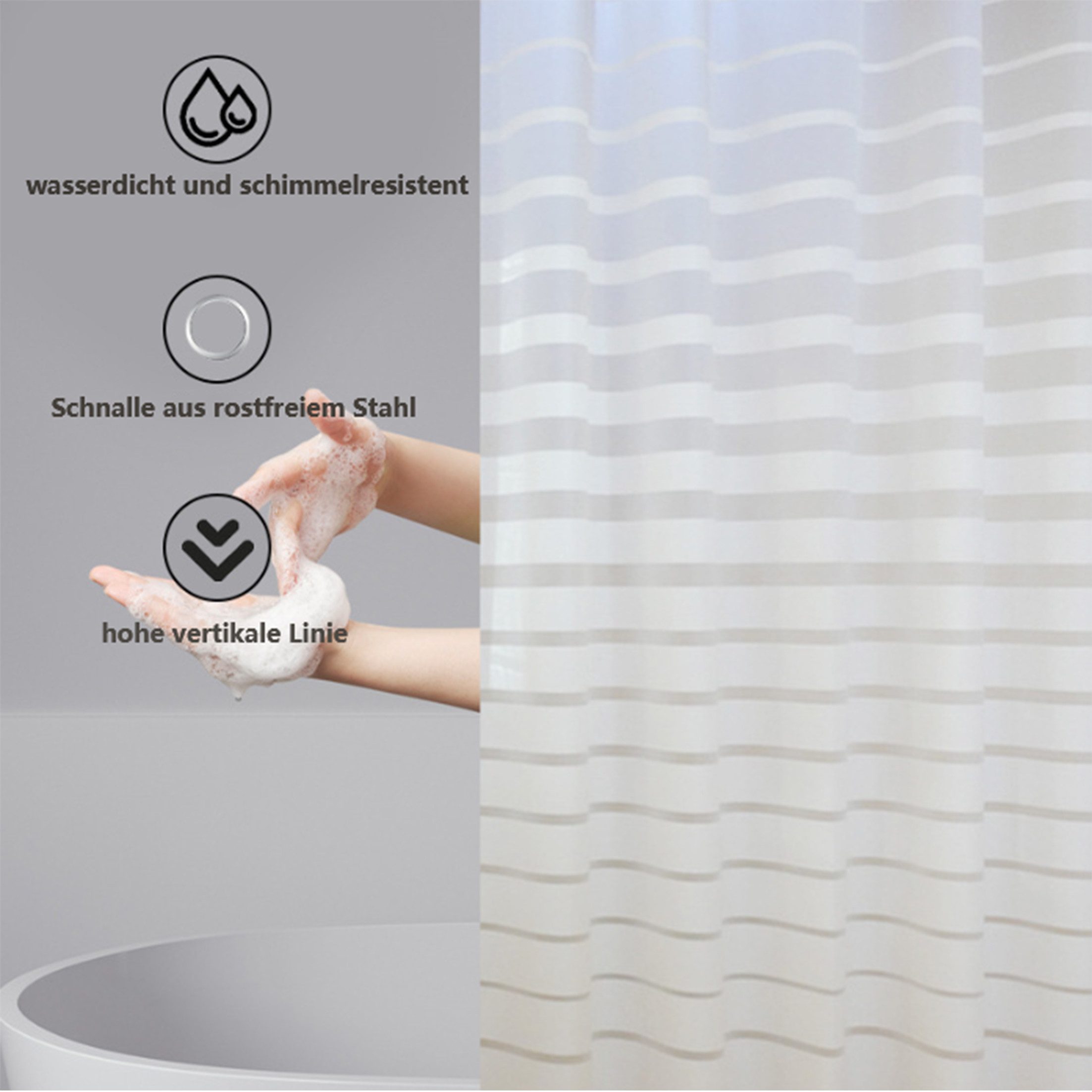 KINSI Duschschirm Wasserdichter Duschvorhang mit Anti-Schimmel-Funktion & Ösen Breite 180 cm, Badezimmer Vorhang für Bad