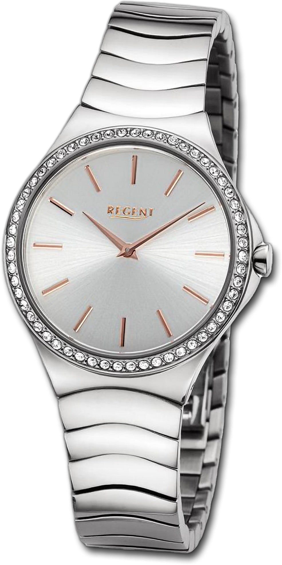 Regent Quarzuhr Regent Damen Armbanduhr Analog, Damenuhr Metallarmband silber, rundes Gehäuse, extra groß (ca. 33mm)