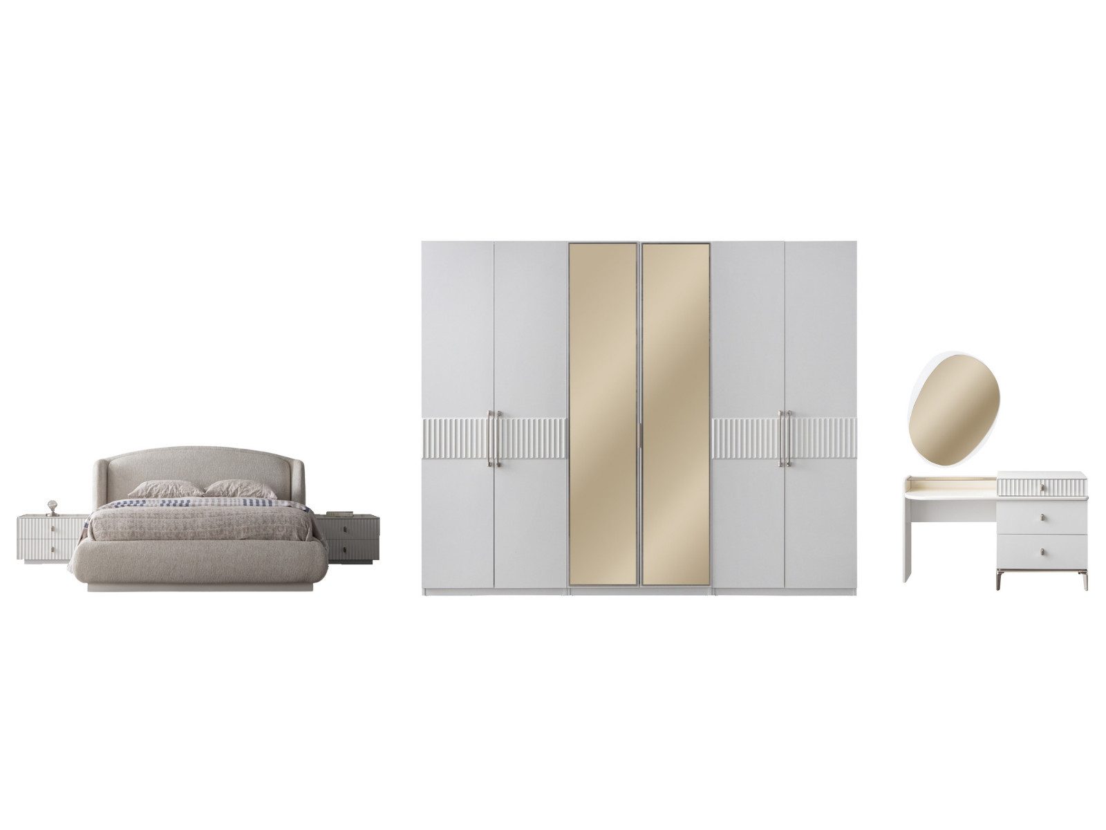 Villa Möbel Schlafzimmer-Set Bronz, (Schlafzimmer-Set, 5-tlg., Bett mit Kopfteil, 2 Nachttische, Kleiderschrank und Kommode), Bett mit gepolstertem Kopfteil LED Optik für warmes Licht