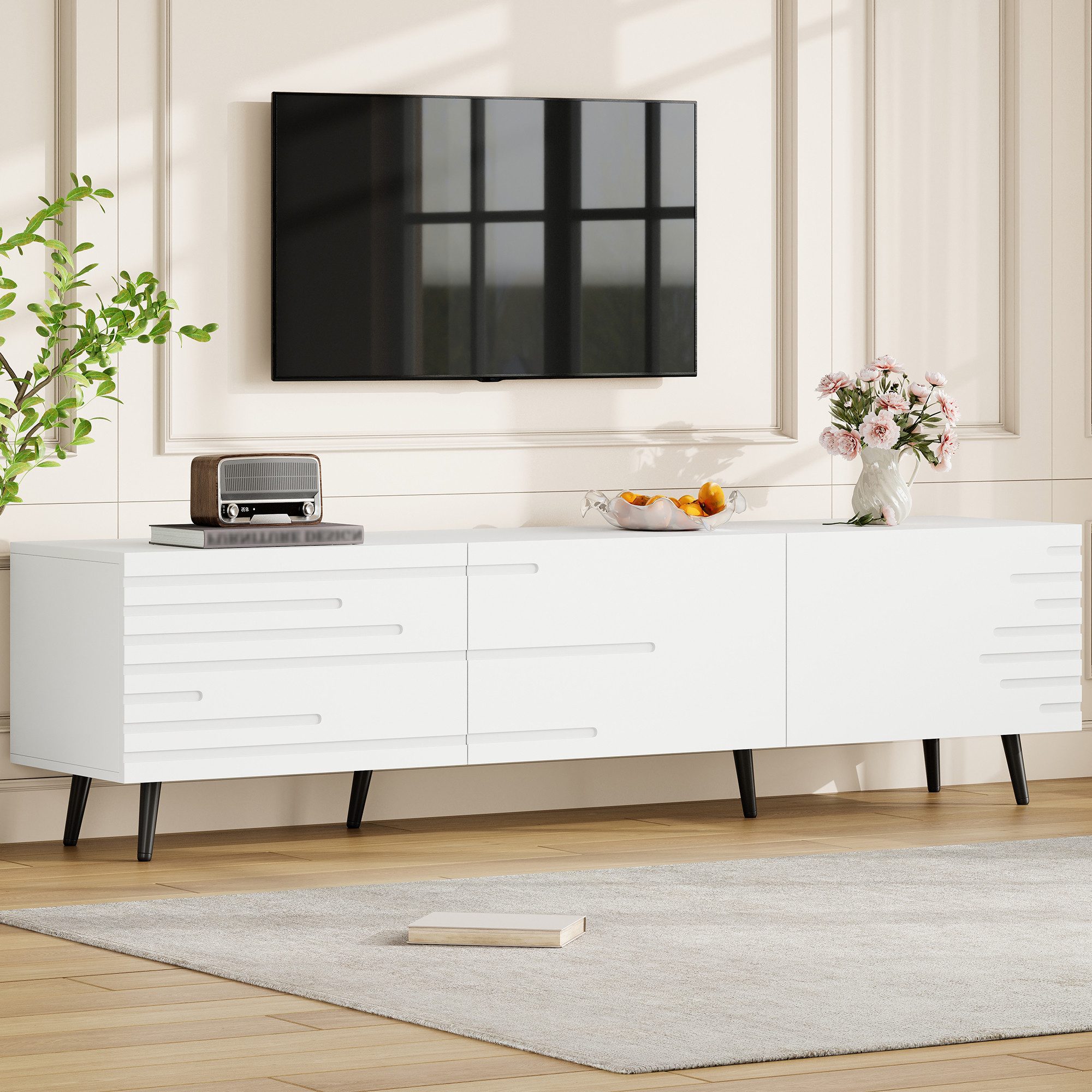 Odikalo TV-Schrank Lowboard TV-Bank Wohnzimmerschrank mit großer Stauraum (180 x 40 x 48 cm, mit 3 Klapptüren, TV-Ständer, Kabinett, bedrucktem Design, weiß, geeignet für Fernseher um die 80 Zoll, aus MDF-Material)