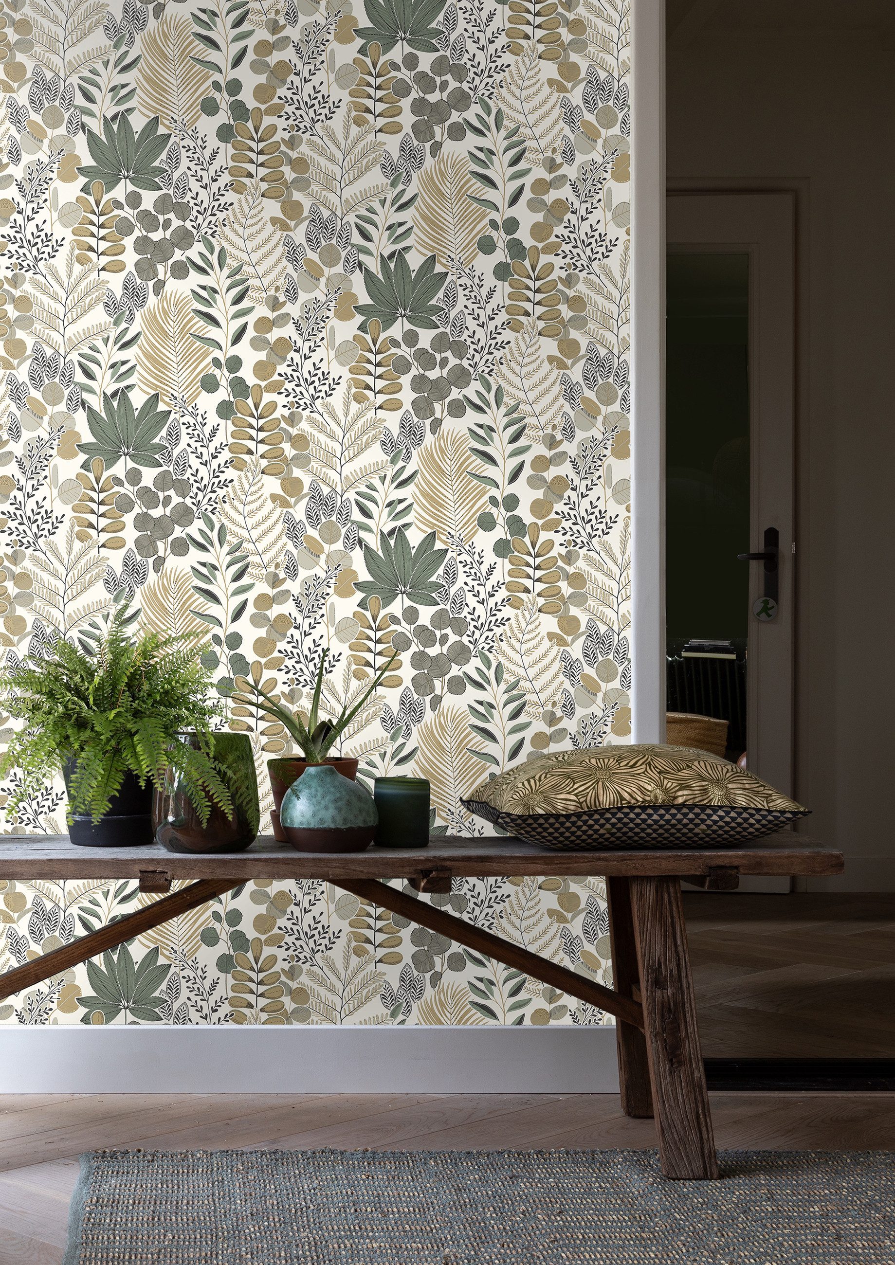 Rasch Vliestapete Blätter & Botanisches Muster - Vinyltapete Weiß Braun Grün, floral, (1 Rolle, 1 St., 10,05 m x 0,53 m), Lichtbeständige Farben - Feucht abwischbar - Restlost abziehbar