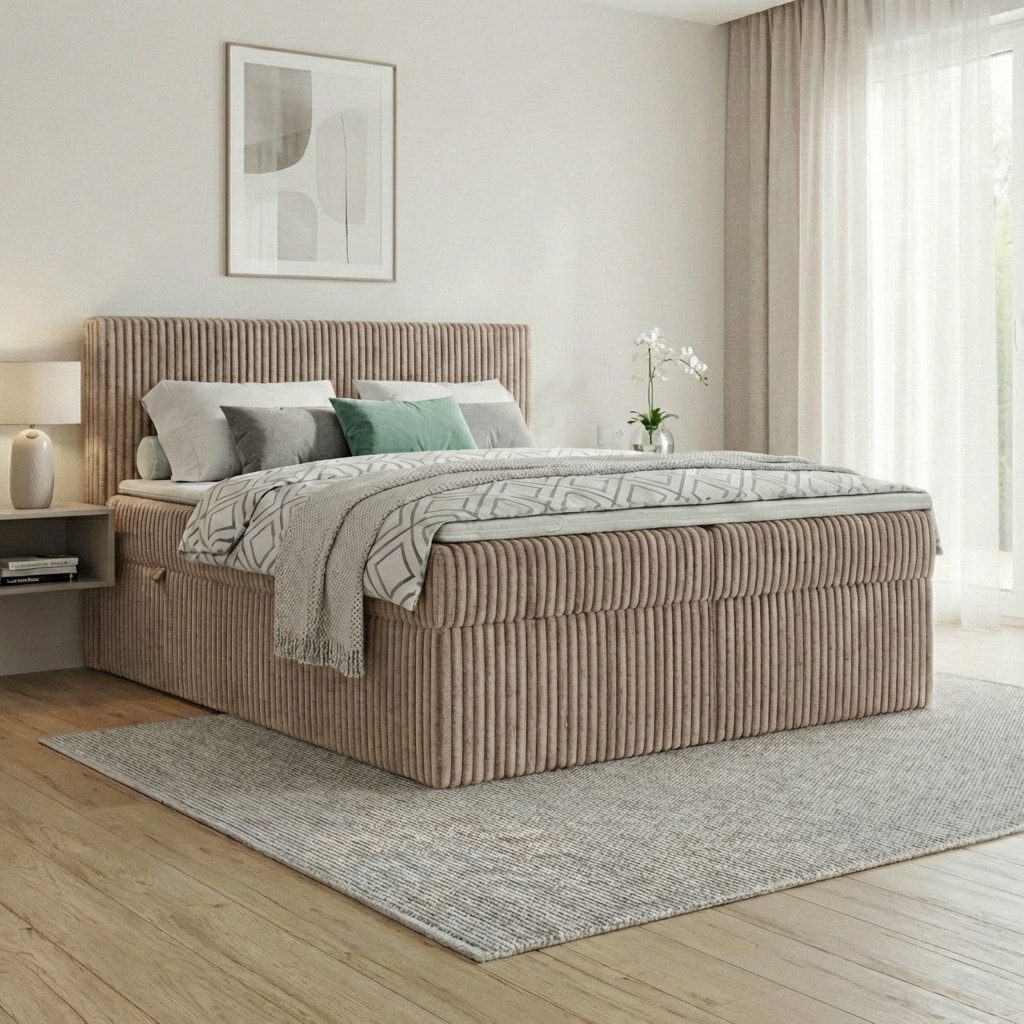 A&J MöbelLand GmbH Boxspringbett RALF mit Bettkasten, Topper und gepolstertem Kopfteil. (Boxspringbett mit Bettkasten und gepolstertem Kopfteil)