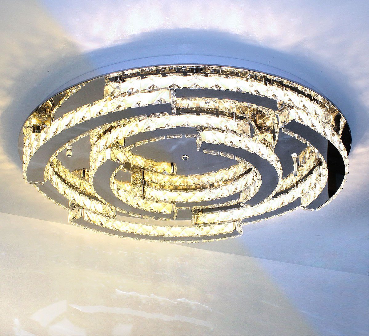 Lewima LED Deckenleuchte »Schost«, Glas Kristall Luxus XXXL Ø60-70cm groß Deckenlampe 50-55W, Modern Design Dimmbar rund, Warmweiß / Kaltweiß einstellbar, Silber verspiegelt inkl. Fernbedienung und Speicherfunktion