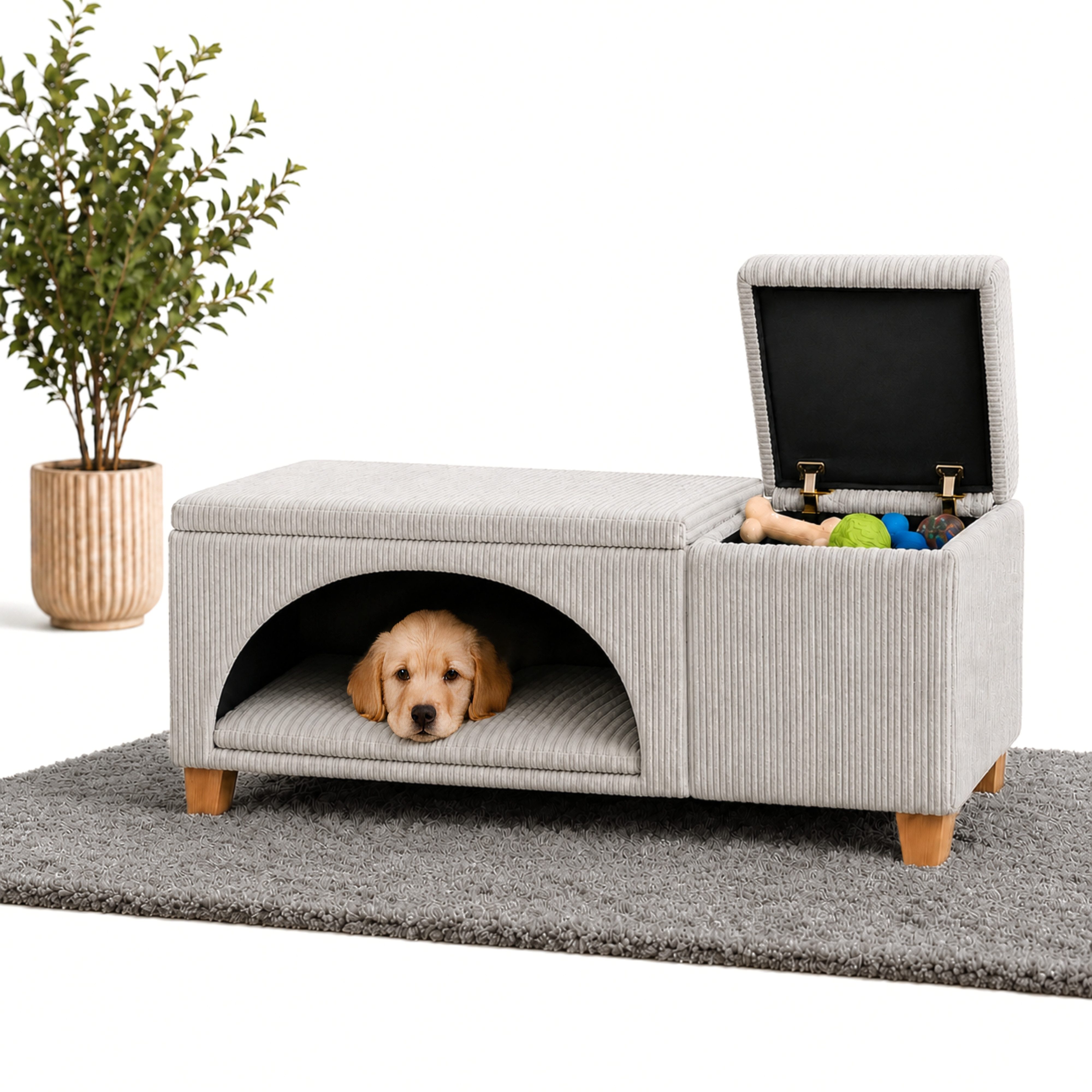 Outentin Hundebett 3 in 1 Für Kleine Hunde und Katzen, Materialvarianten, Hundehöhle Indoor Mit Sitzbank und Stauraum, Katzenhöhle Mit Kissen, Stilvolles Höhlenbett Für Zuhause
