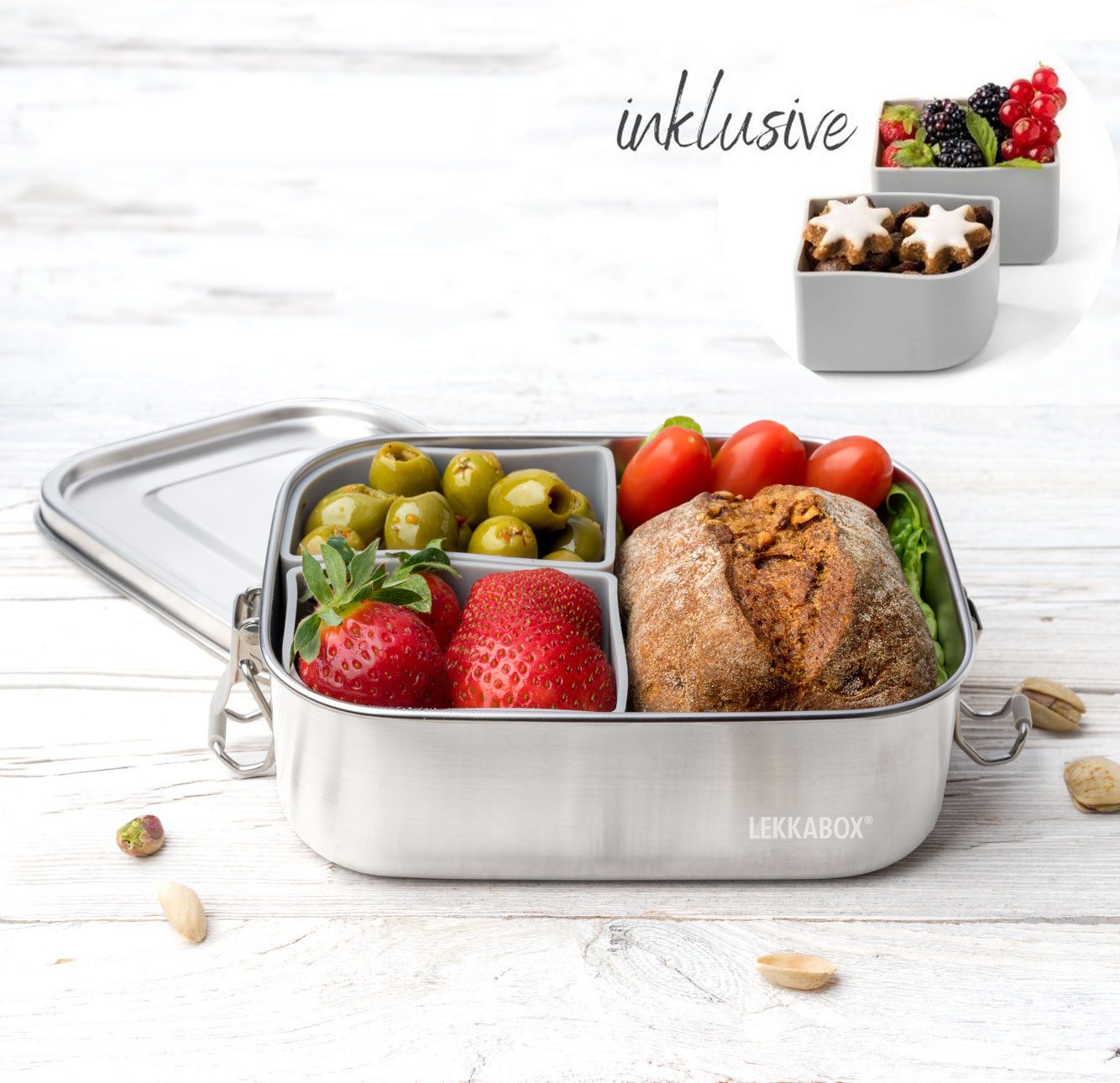 LEKKABOX Lunchbox Edelstahl Brotdose Safe 800 ml – 3 Fächer auslaufsicher für Kinder, Flexible Fächer mit Silikon-Einsätzen (Bento-Prinzip)