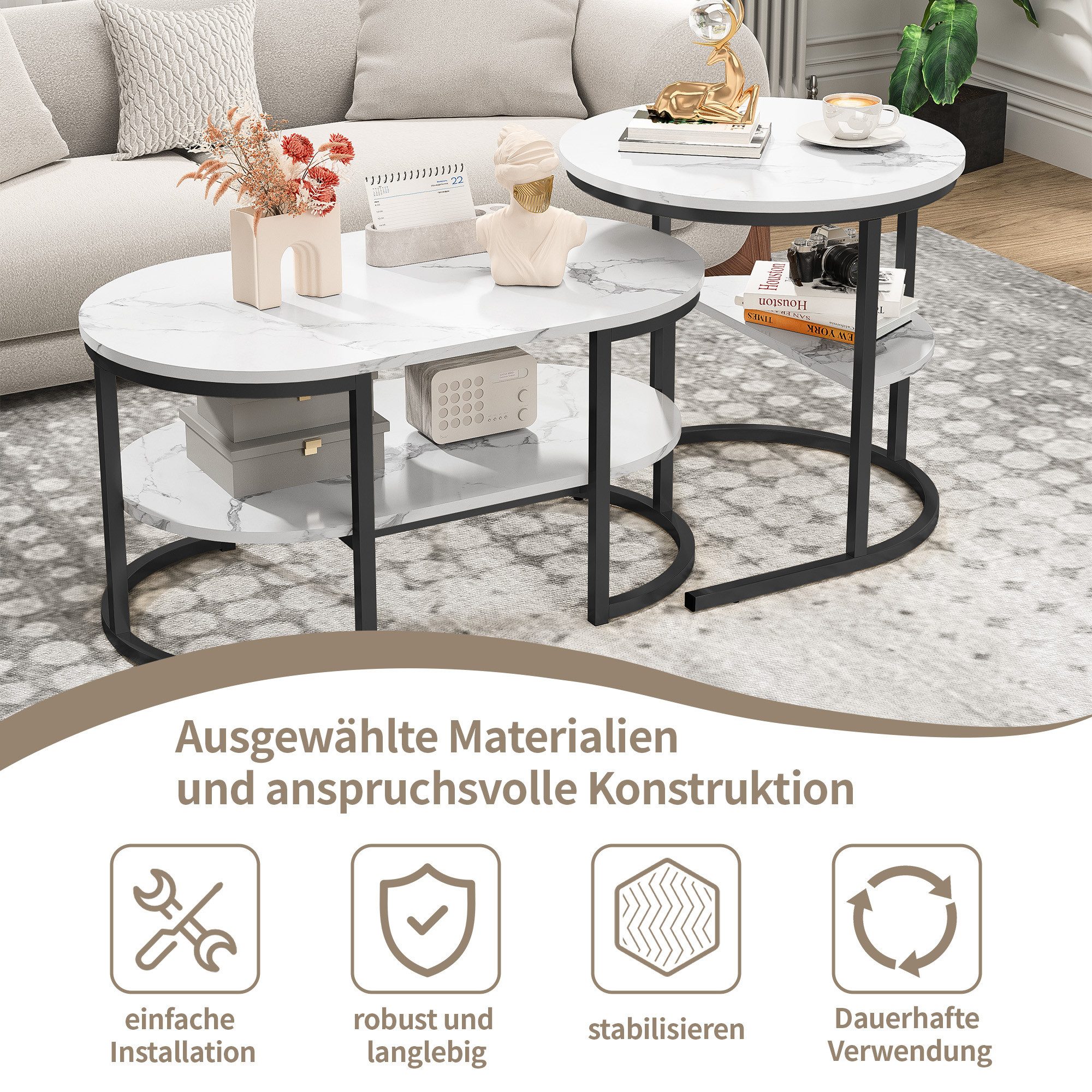 BELUPAI Couchtisch 2in1 Beistelltisch, Runder Tisch mit Marmoroptik (2er Set, 1-St., Satztisch), 80x46x41cm und 52x52x51cm,Weiß-Schwarz