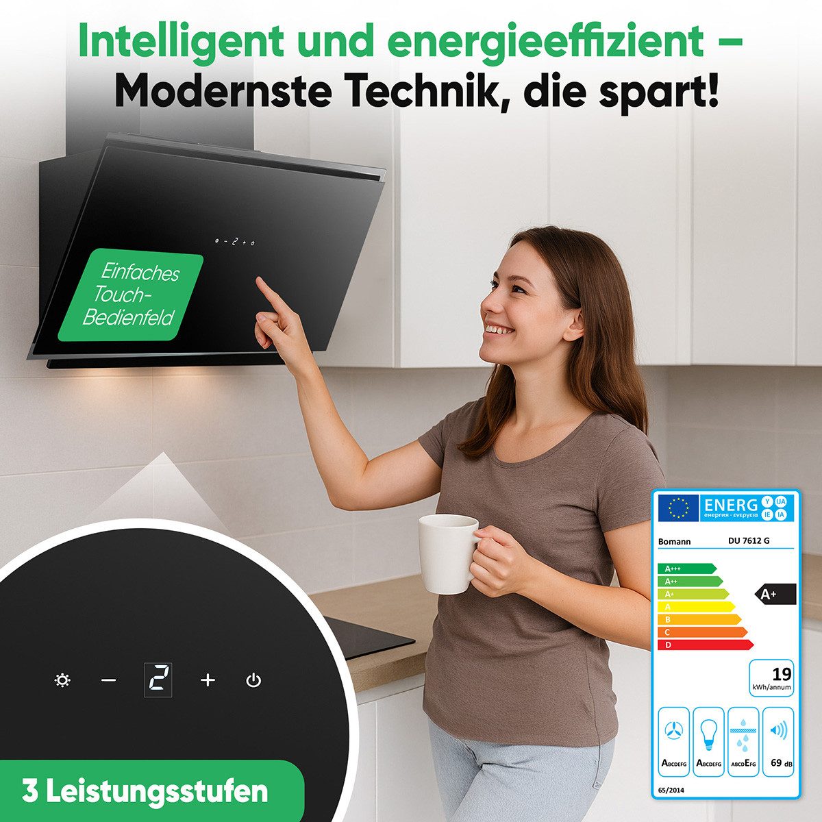 BOMANN Kopffreihaube DU 7612 G Dunstabzugshaube 80cm, für Umluft und Abluft – Bild 5 von 5