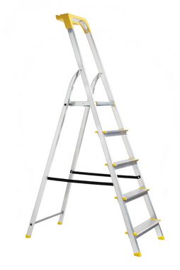 nm_trade Stehleiter Stehleiter Haushaltsleiter mit 5 Stufen Profi Leiter + Ablage, leicht, robust, belastbar bis 120 kg, aus Aluminium, rostfrei