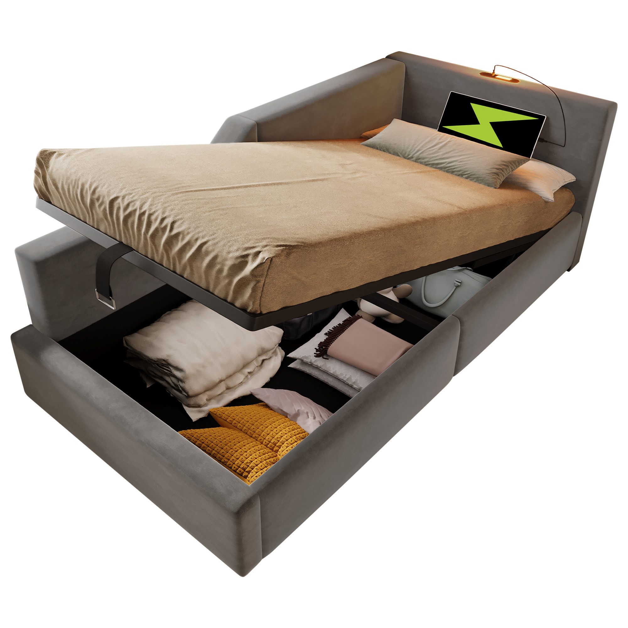 Flieks Polsterbett, Daybett 90x200cm mit hydraulischem Stauraum Leselicht L günstig online kaufen