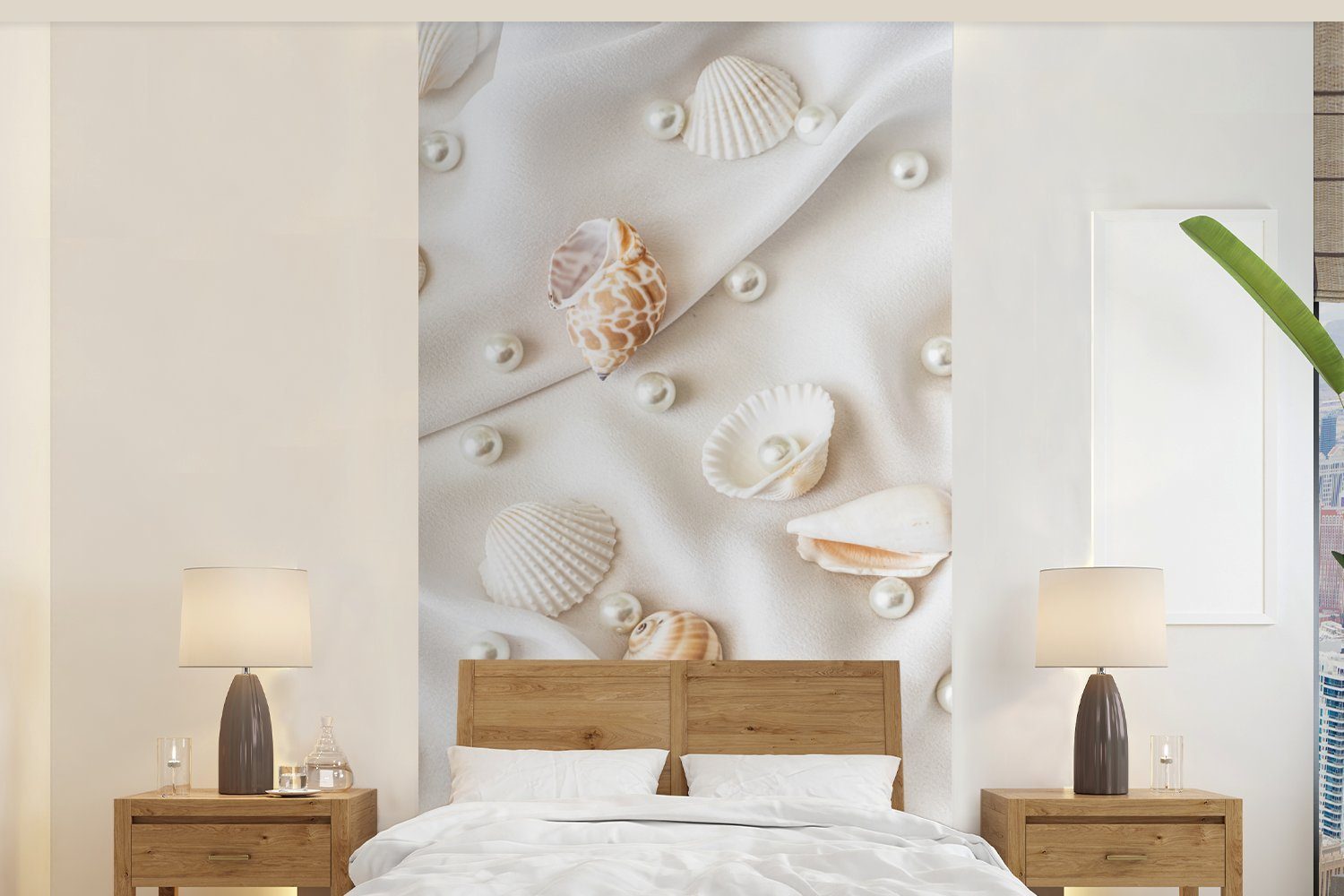 MuchoWow Fototapete Muscheln und Perlen auf einer weißen Decke, Matt, bedruckt, (2 St), Vliestapete für Wohnzimmer Schlafzimmer Küche, Fototapete