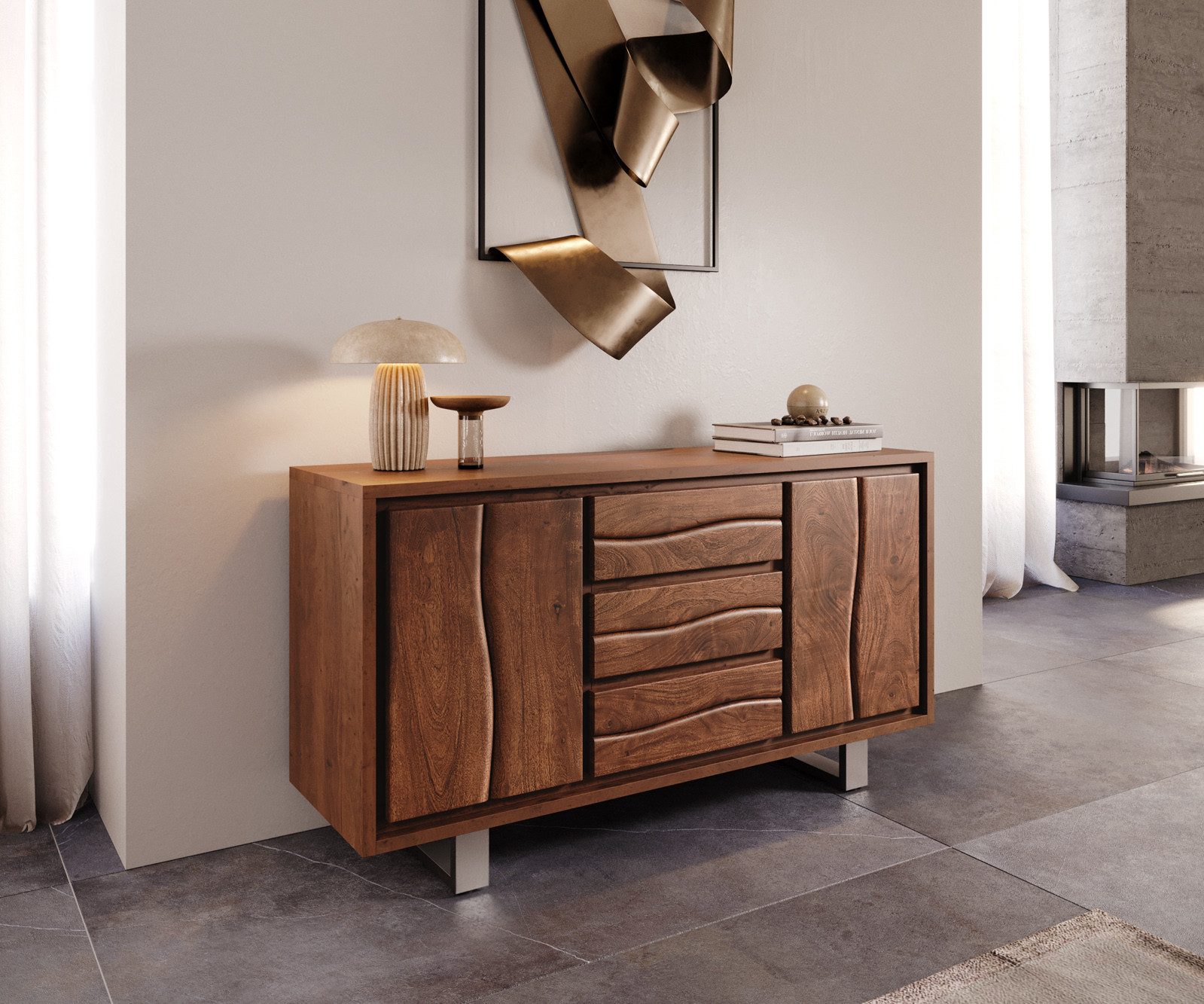 DELIFE Sideboard Live-Edge, Akazie Braun 147 cm 2 Türen 3 Schübe Baumkante günstig online kaufen