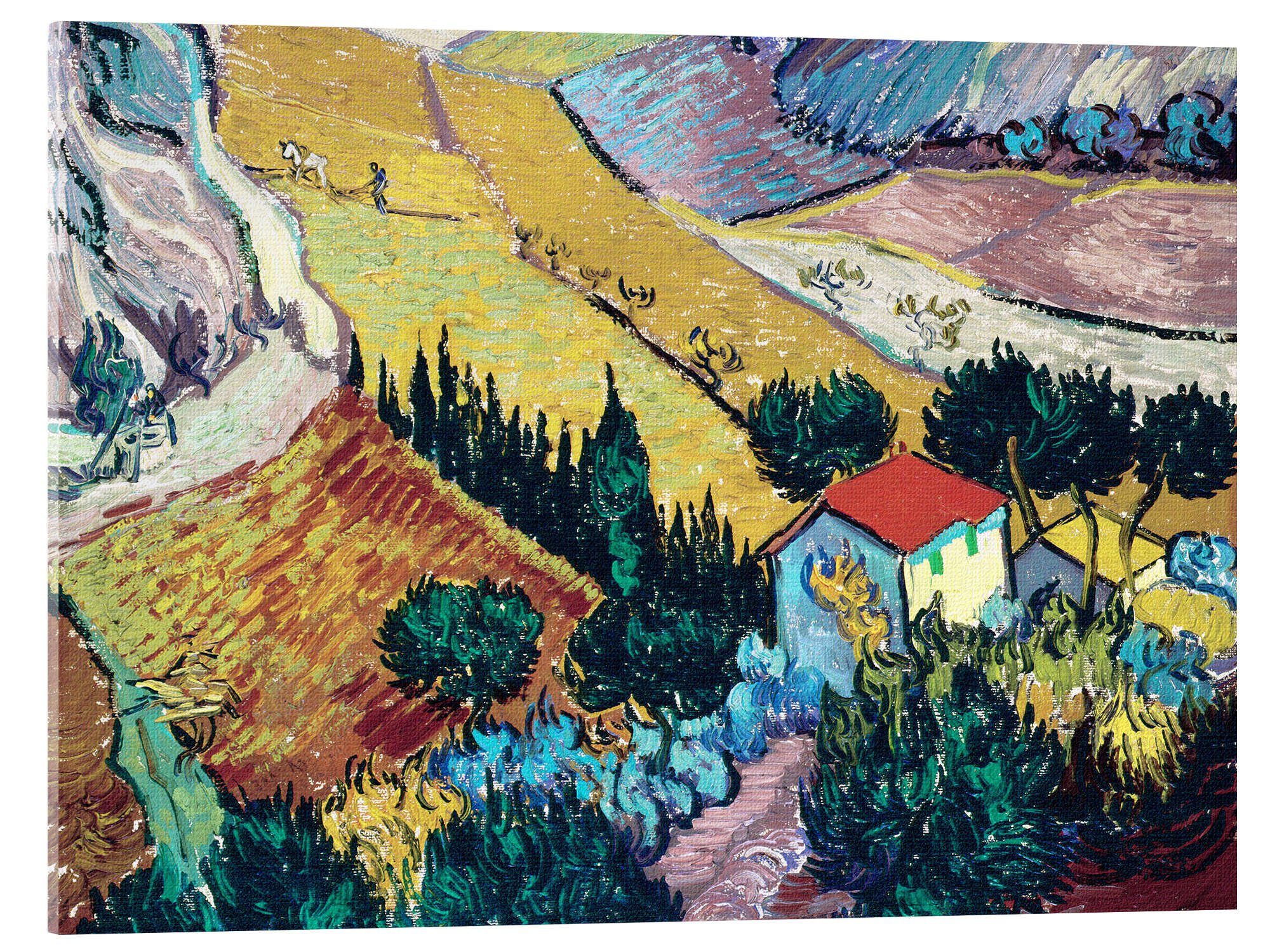 Posterlounge Wandbild Landschaft mit Haus und Pflüger, Vincent van Gogh, erhältlich als Poster, Leinwandbild, Wandsticker oder Acrylglasbild