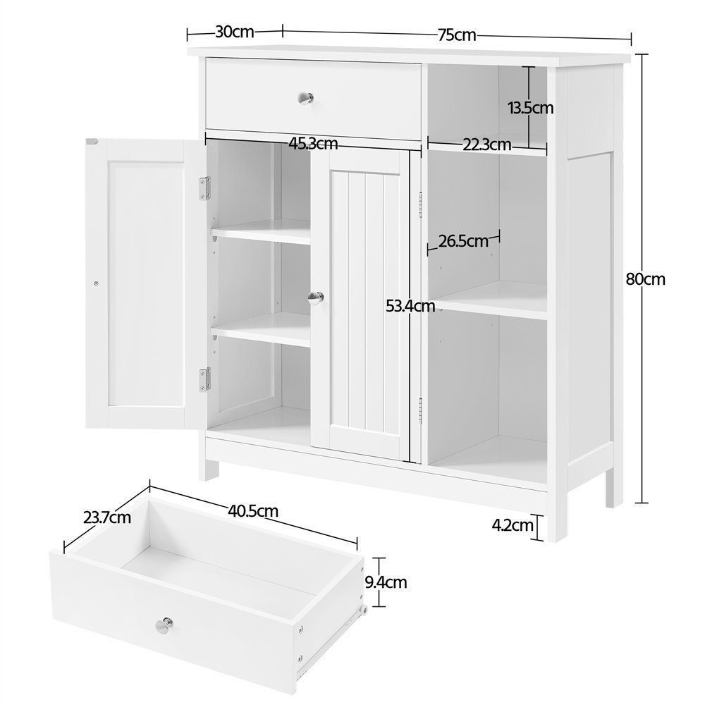 Yaheetech Badkommode Badezimmerschrank 75 x 30 x 80 cm, mit 1 Schublade & 6 Fächern mit verstellbaren Einlegeböden – Bild 4 von 5