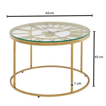 FINEBUY Couchtisch FB41455 (60x60x43 cm Gold, Sofatisch Metall mit Deko-Uhr), Wohnzimmertisch Rund, Beistelltisch Wohnzimmer