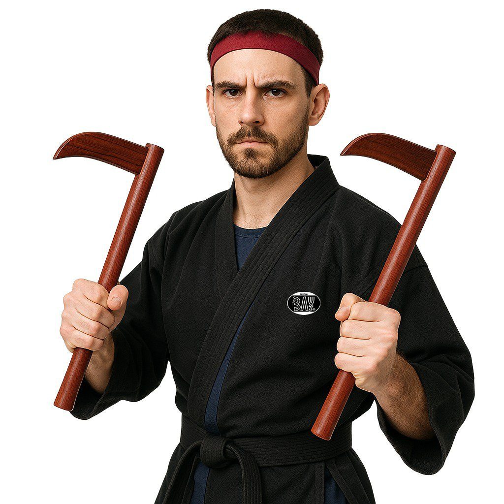 BAY-Sports Holzschwert Kama Echt Holz Halbmond Sichel Kamaki Kampfkunst-Sportgerät Kobudo (Paar), Aus naturbelassenem Holz - Trainingskama - Budosport