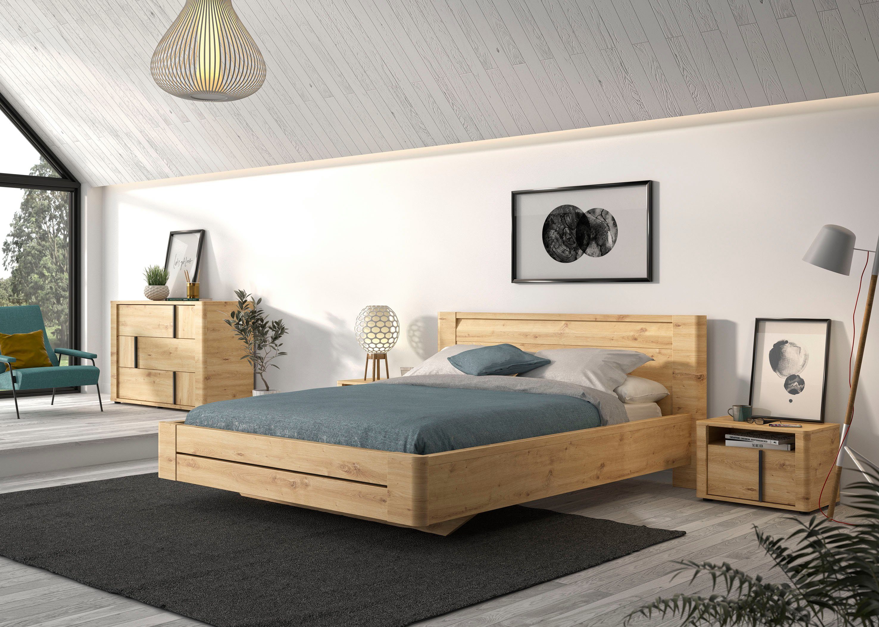 Gami Schlafzimmer-Set Confidence, (4-St., Bett, 2x Nachttisch und Kommode), aus Kiefernholz, mit Bett, 2x Nachttisch und Kommode