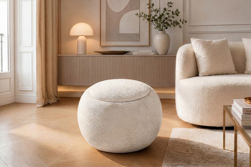riess-ambiente Couchtisch ORBIT 50cm beige - Bouclé, mit Tablett & Stauraum, Schaumstoff, rund (Einzelartikel), Scandi Beistelltisch - ideal für Wohn- und Esszimmer oder TV-Ecke