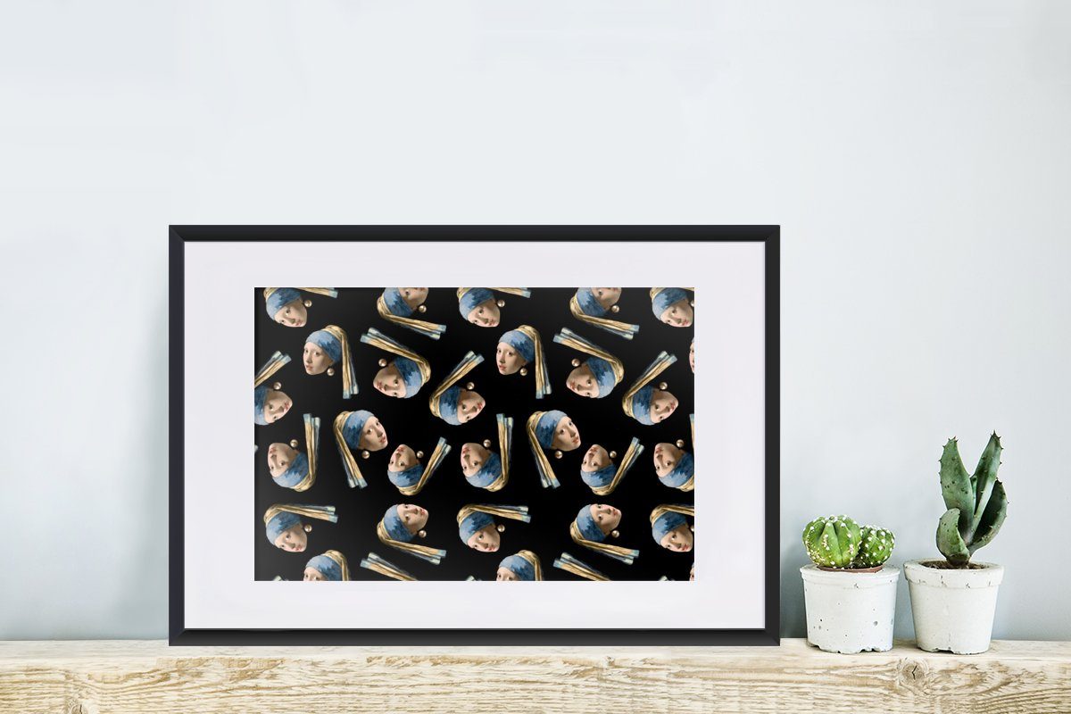 MuchoWow Poster Mädchen mit Perlenohrring mit St), - Muster Kunstdruck, Schwarzem Vermeer, Gerahmtes Rahmen, (1 - Bilderrahmen Poster