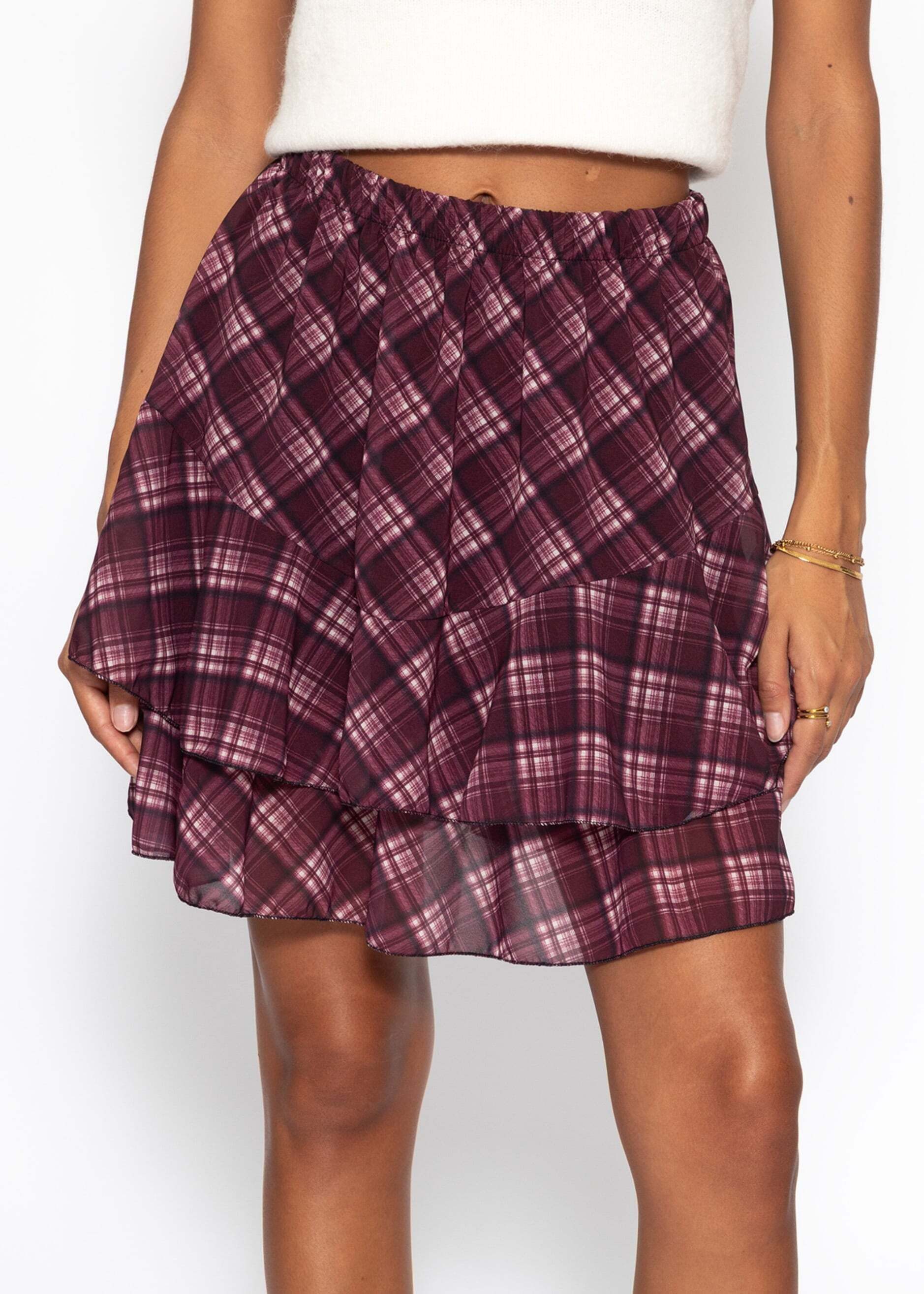 SASSYCLASSY Minirock Kurzer Volant Rock für Damen Elastischer High Waist Stufenrock mit geometrischem Muster Beige