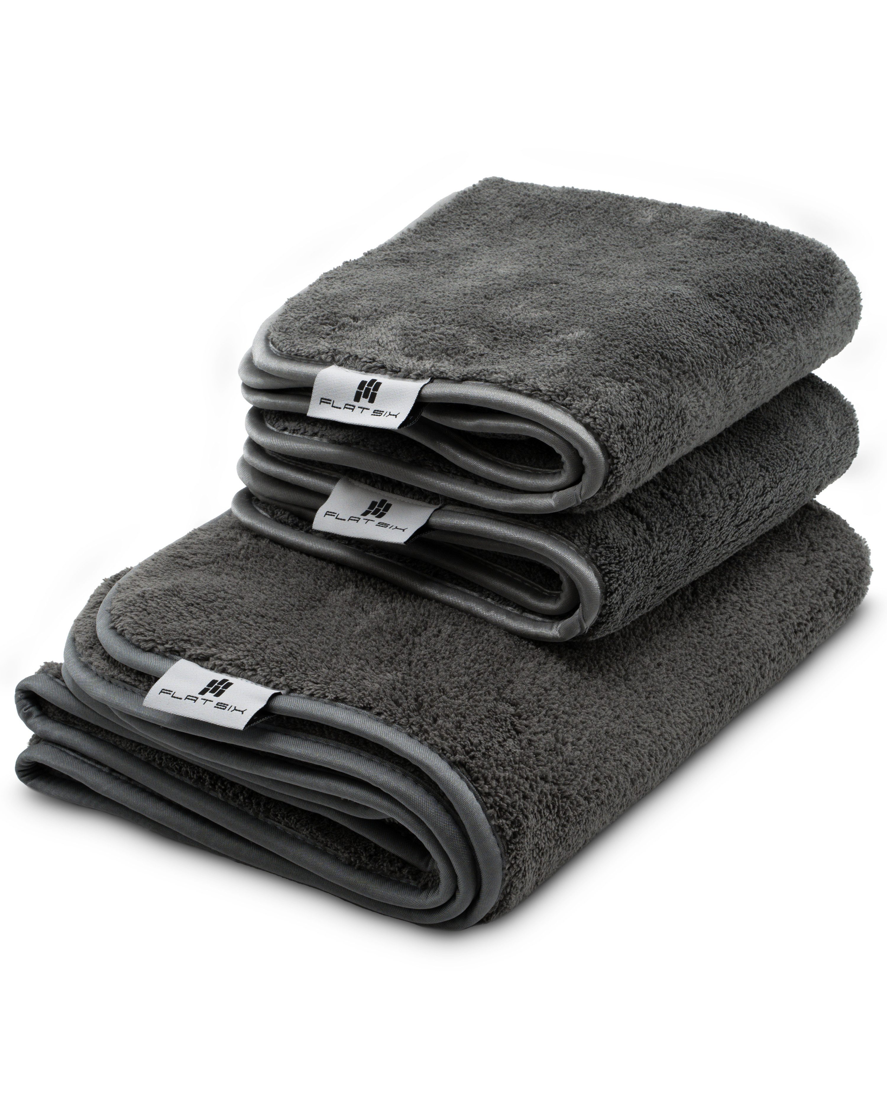 Flat Six Mikrofasertuch Set – Premium Trockentuch & Poliertuch für Autopflege Mikrofasertuch (Spar-Set, 3-tlg., 1000 GSM, weich, rundvernähte Kanten & lackschonend)